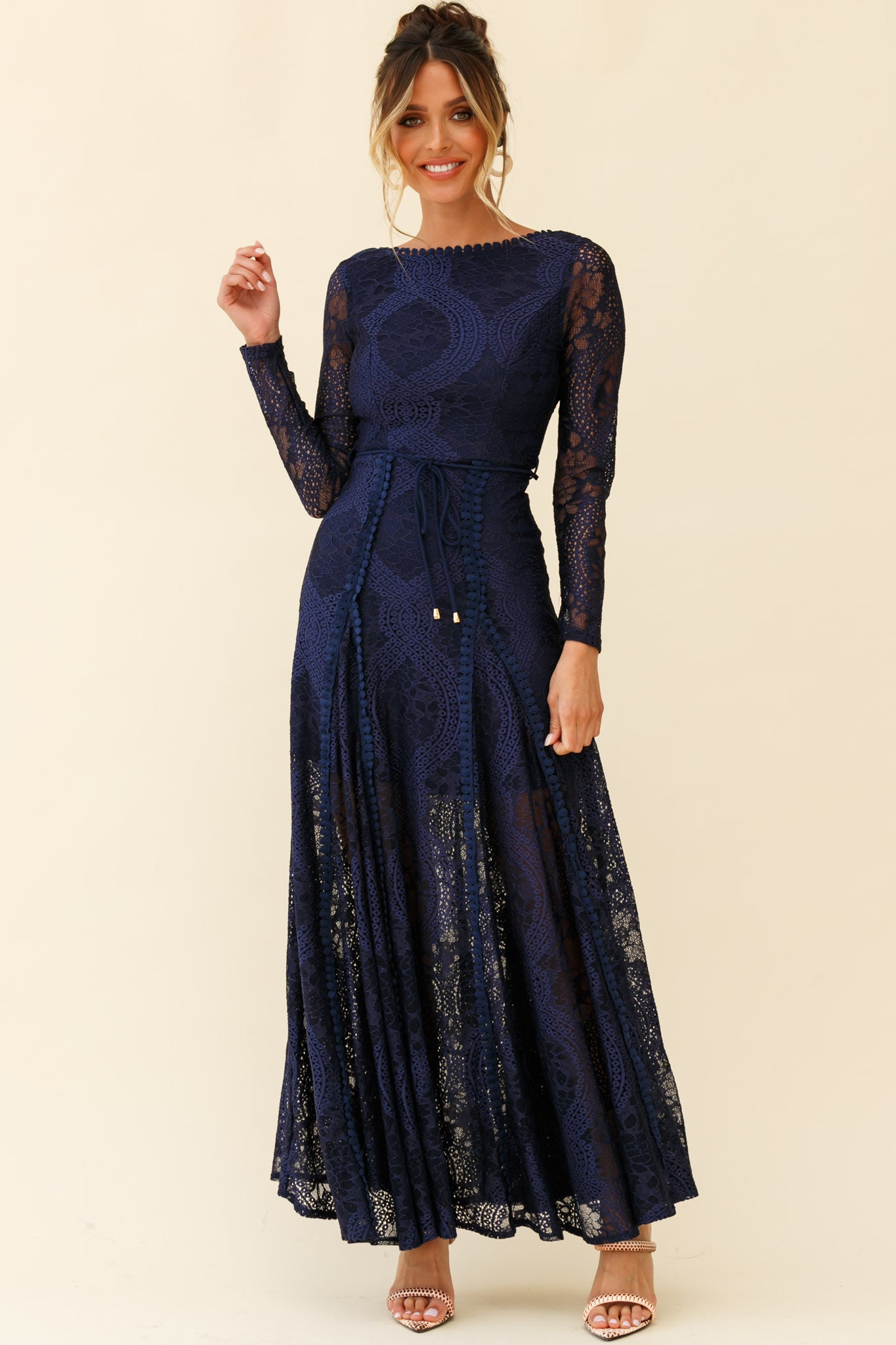 Shop the Palm Springs Long Sleeve Lace Overlay Maxi Dress Navy | Selfie ...