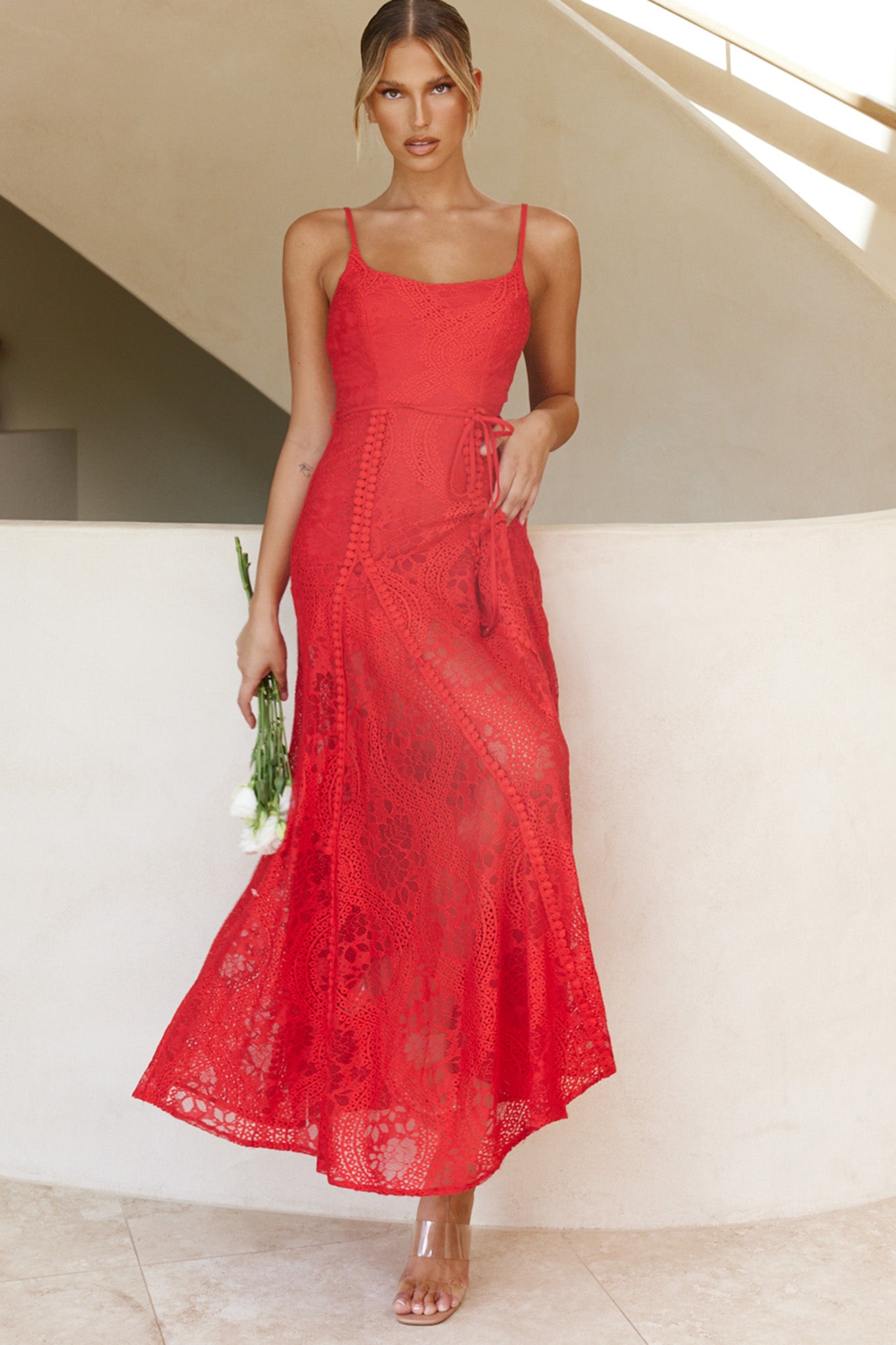 Shop the Palm Springs Lace Overlay Maxi Dress Red | Selfie Leslie