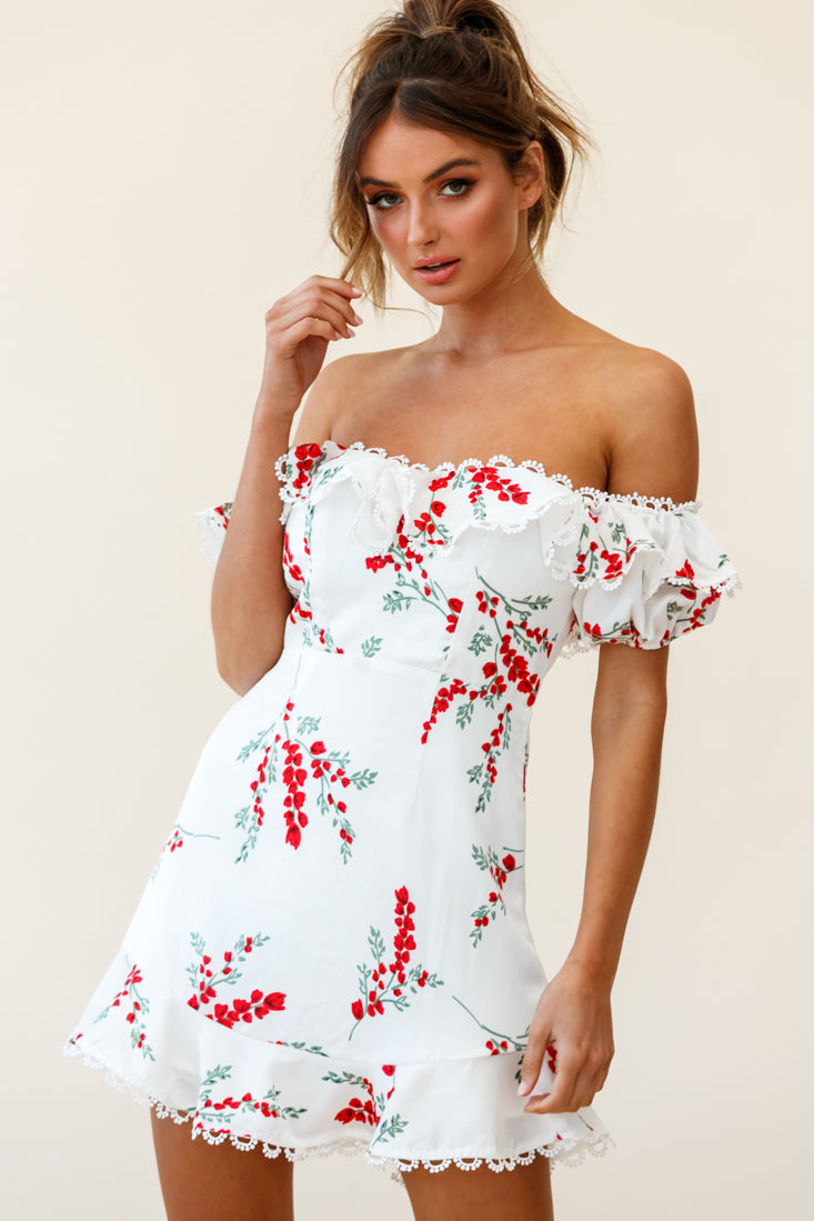 White bardot puff sleeve cheap dress