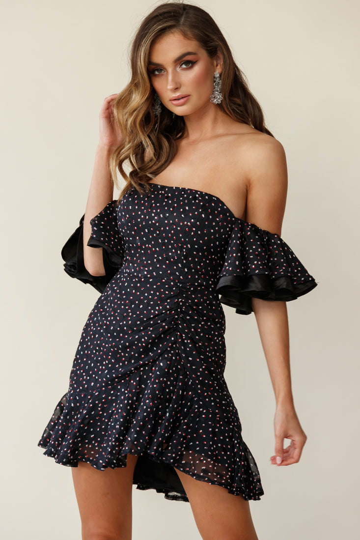 Shop the Lure Off-Shoulder Ruched Dress Speckle Print Black | Selfie Leslie