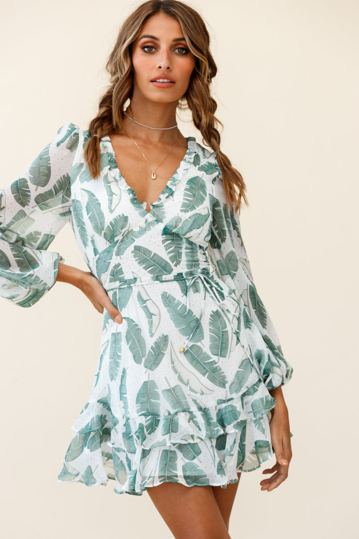 Shop the Tozzi Long Balloon Sleeve V-Neckline Dress Feather Print White ...