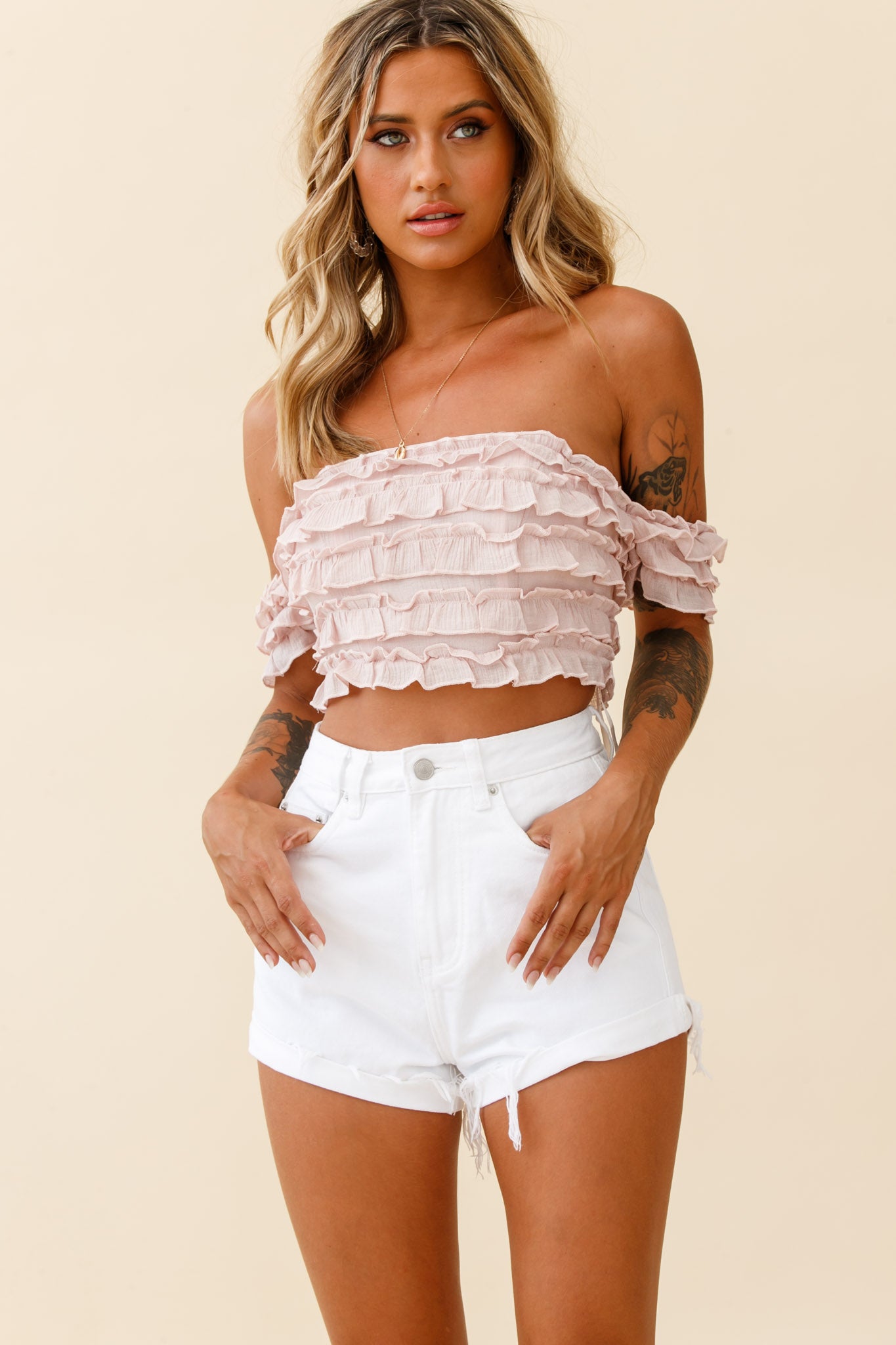 Shop the Tigerlily Tiered Frill Off-Shoulder Top Blush | Selfie Leslie