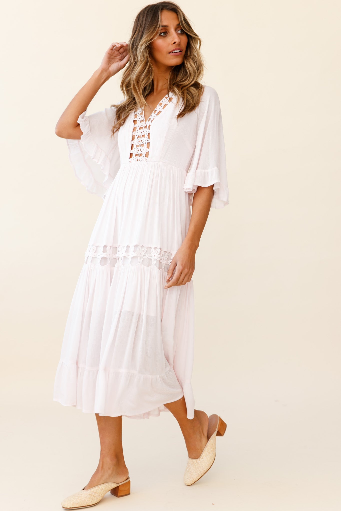 Shop the Feeling Groovy Bell Sleeve Crochet Trim Maxi Dress Pink ...