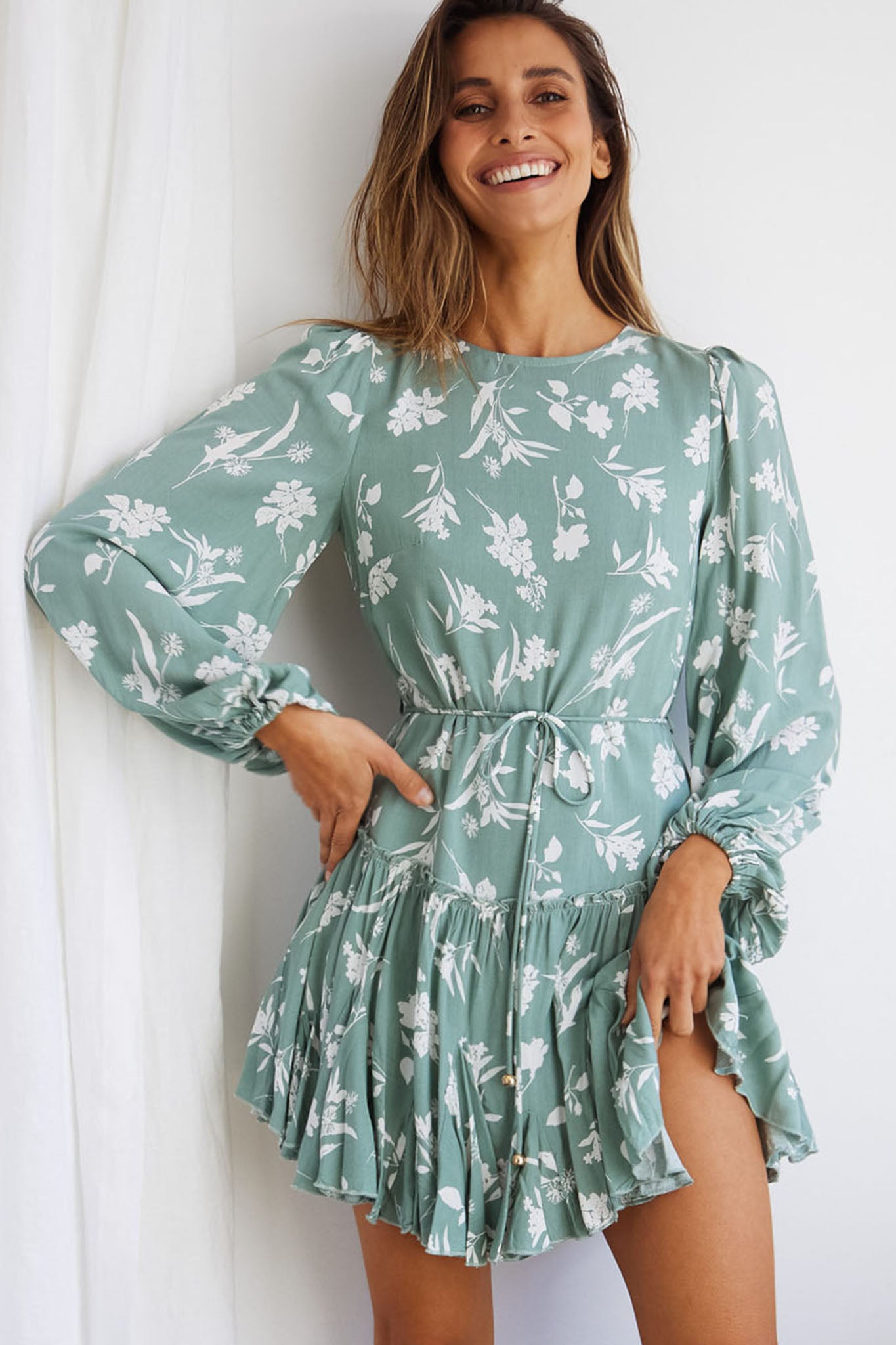 Shop the Rosabel Balloon Sleeve Fluted Hem Dress Botanic Print Sage ...