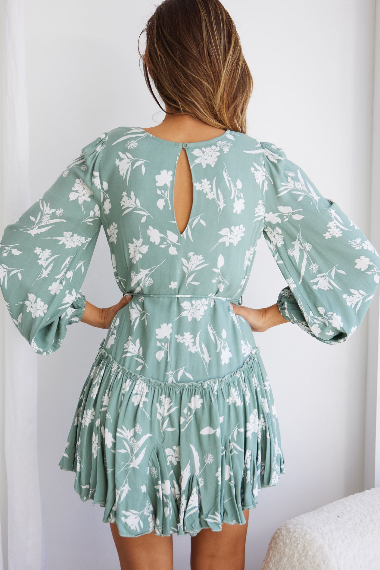 Shop the Rosabel Balloon Sleeve Fluted Hem Dress Botanic Print Sage ...