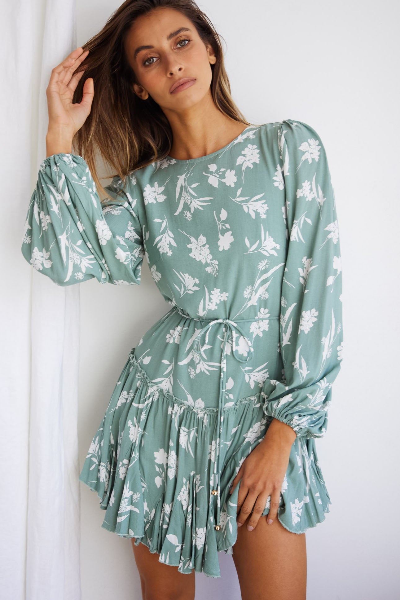 Shop the Rosabel Balloon Sleeve Fluted Hem Dress Botanic Print Sage ...