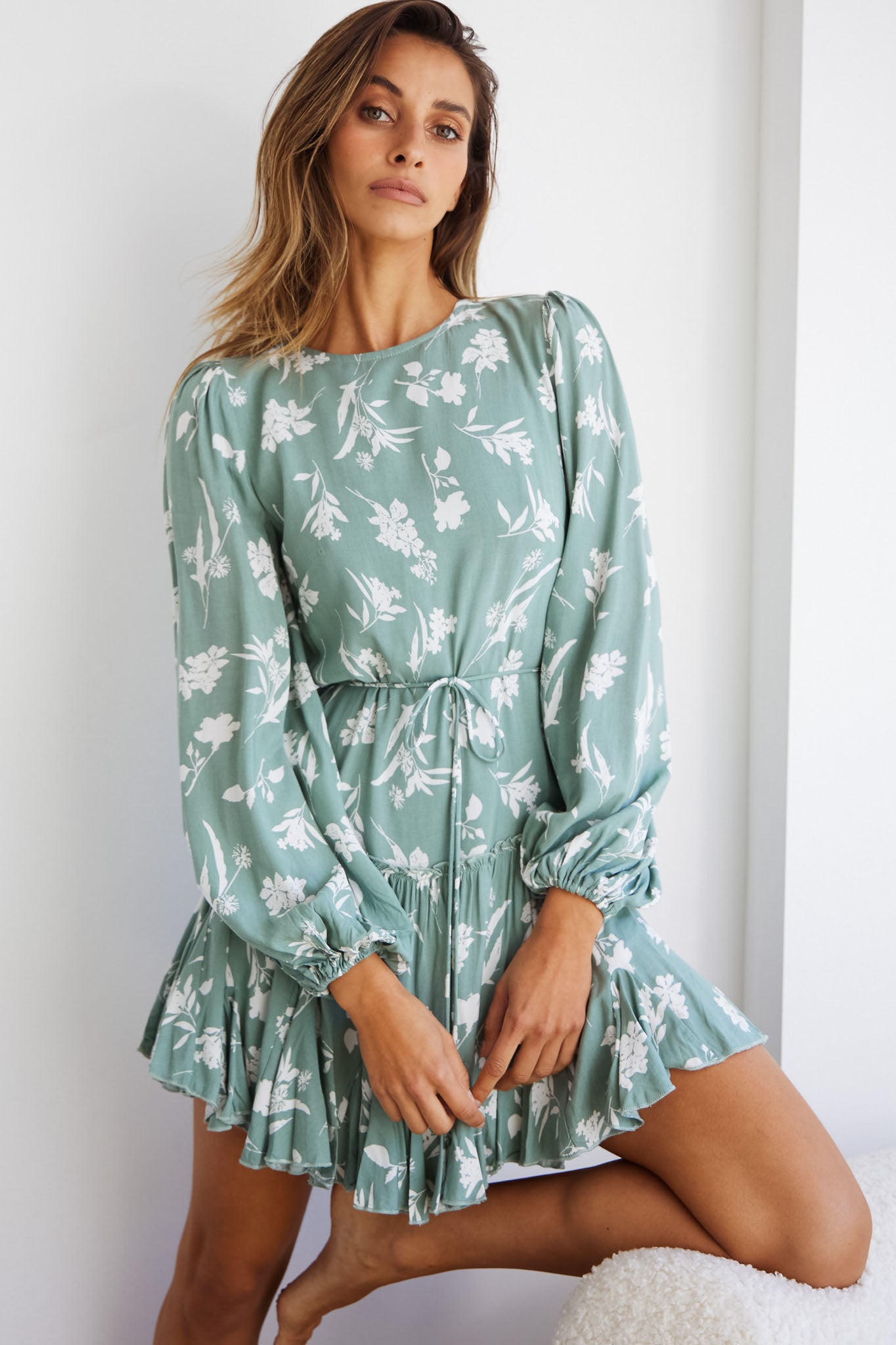 Shop the Rosabel Balloon Sleeve Fluted Hem Dress Botanic Print Sage ...