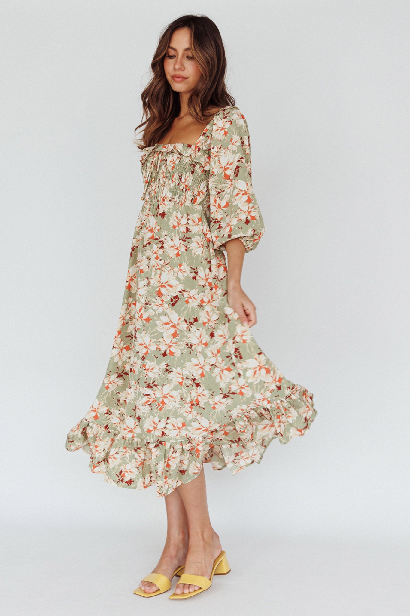 Shop the Flynn Balloon Sleeve Shirred Midi Dress Floral Green | Selfie ...