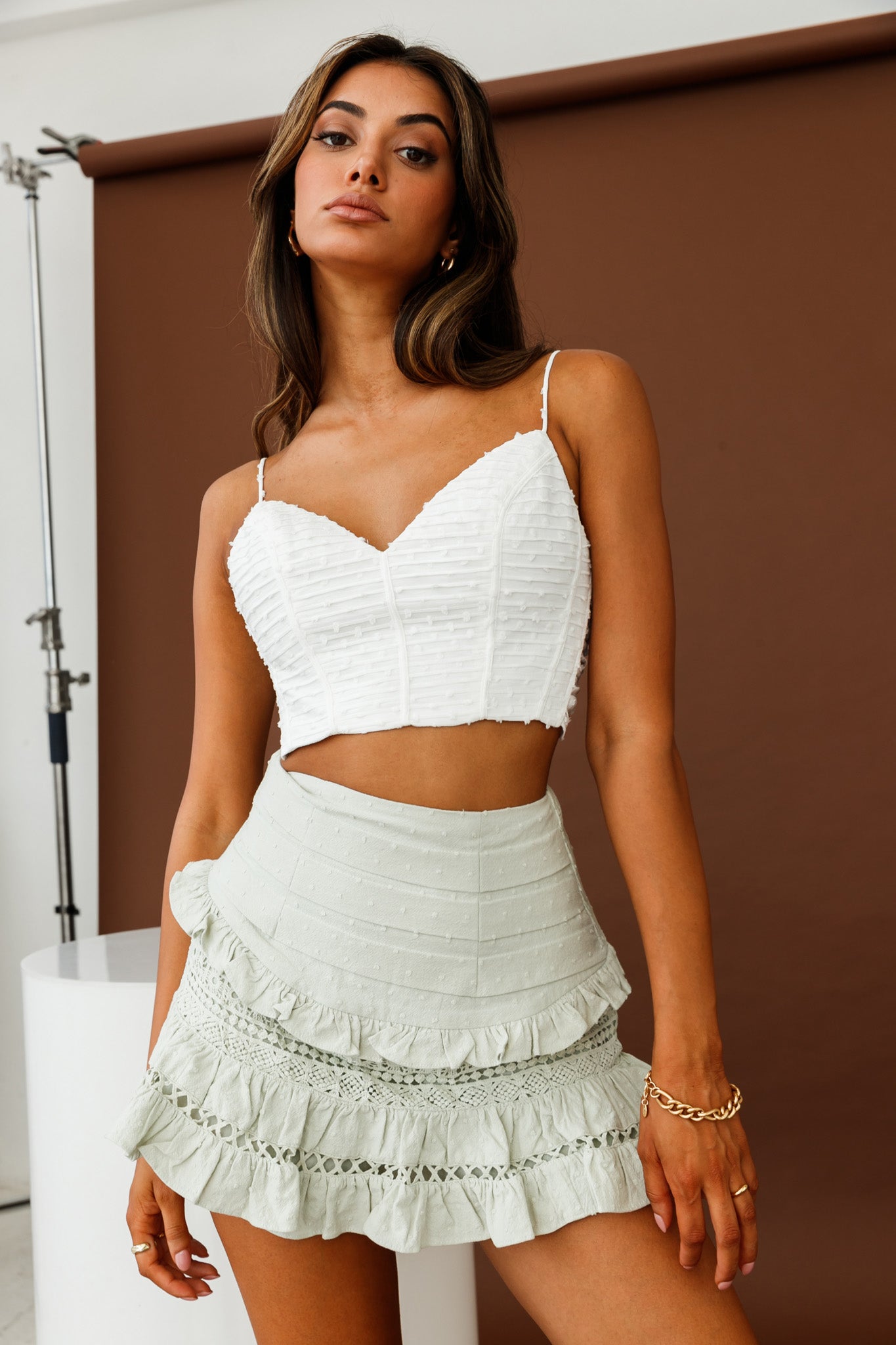 Shop the Perfect Timing Pleated Waist Frill Trim Mini Skirt Sage 