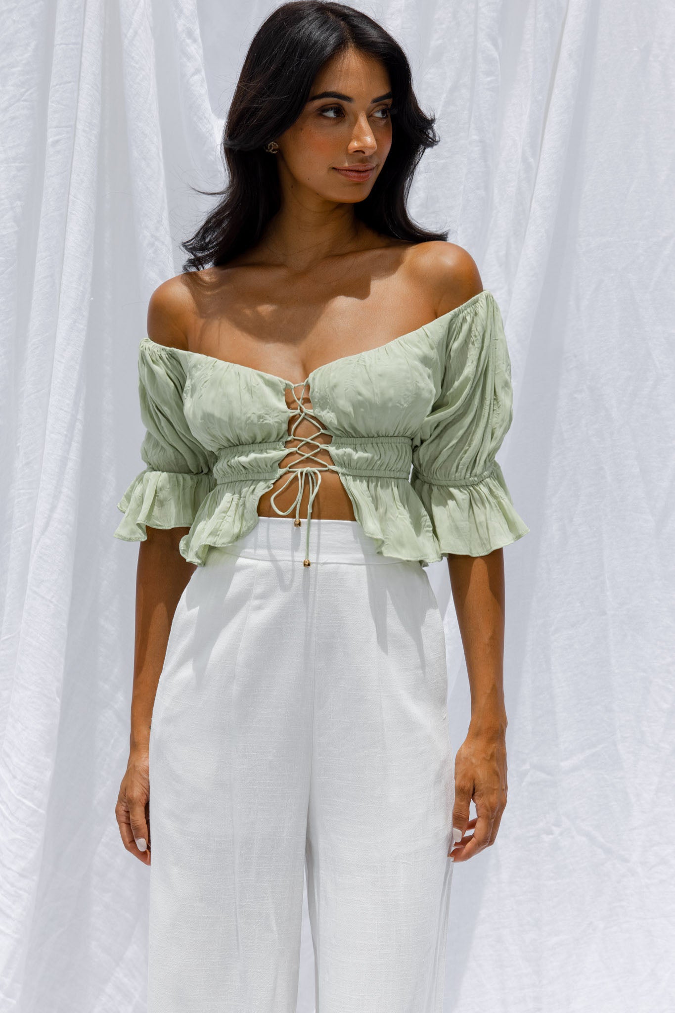 Shop the Josephina Off-Shoulder Lace-Up Front Crop Top Apple | Selfie ...