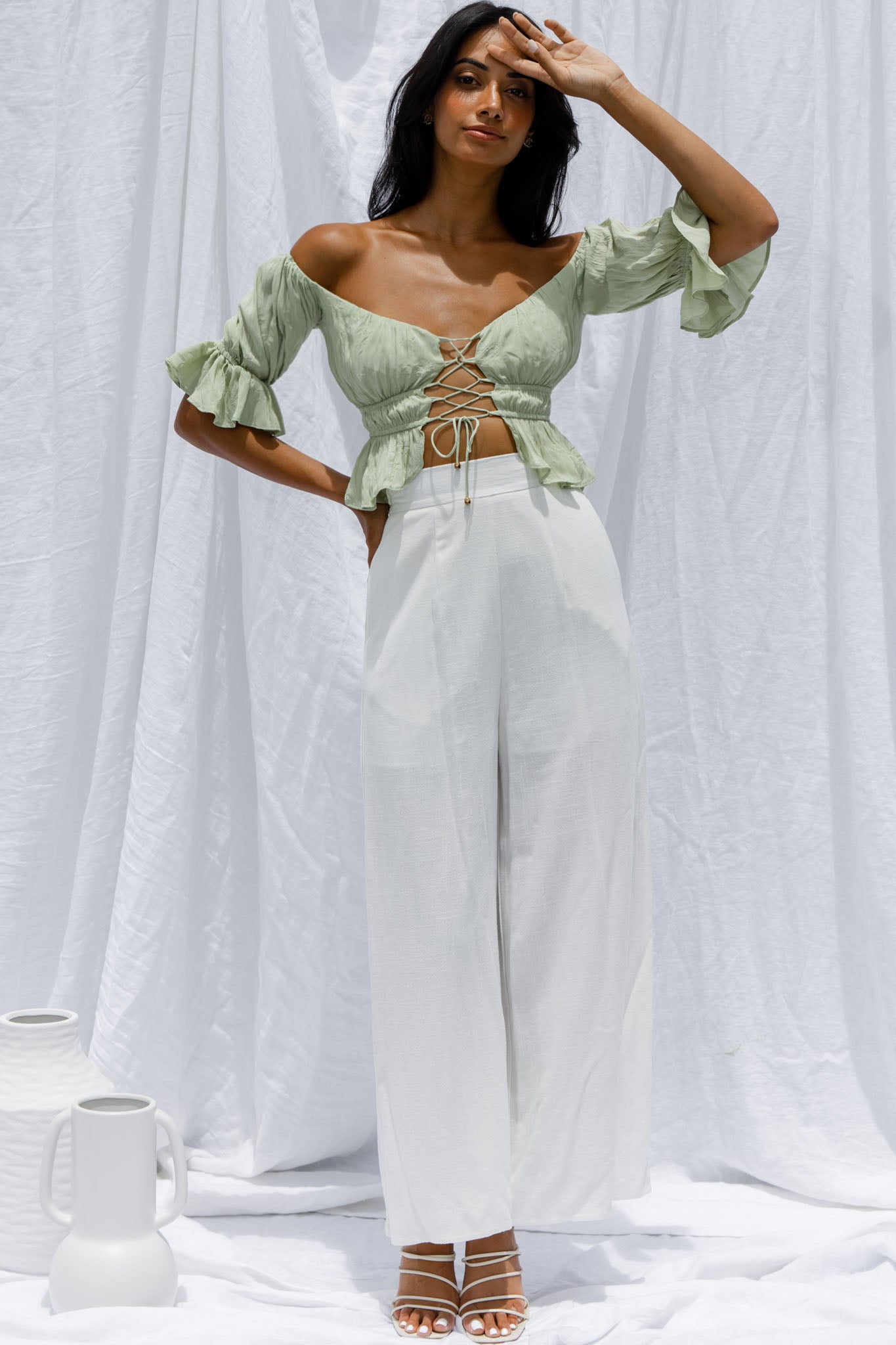 Shop the Josephina Off-Shoulder Lace-Up Front Crop Top Apple | Selfie ...