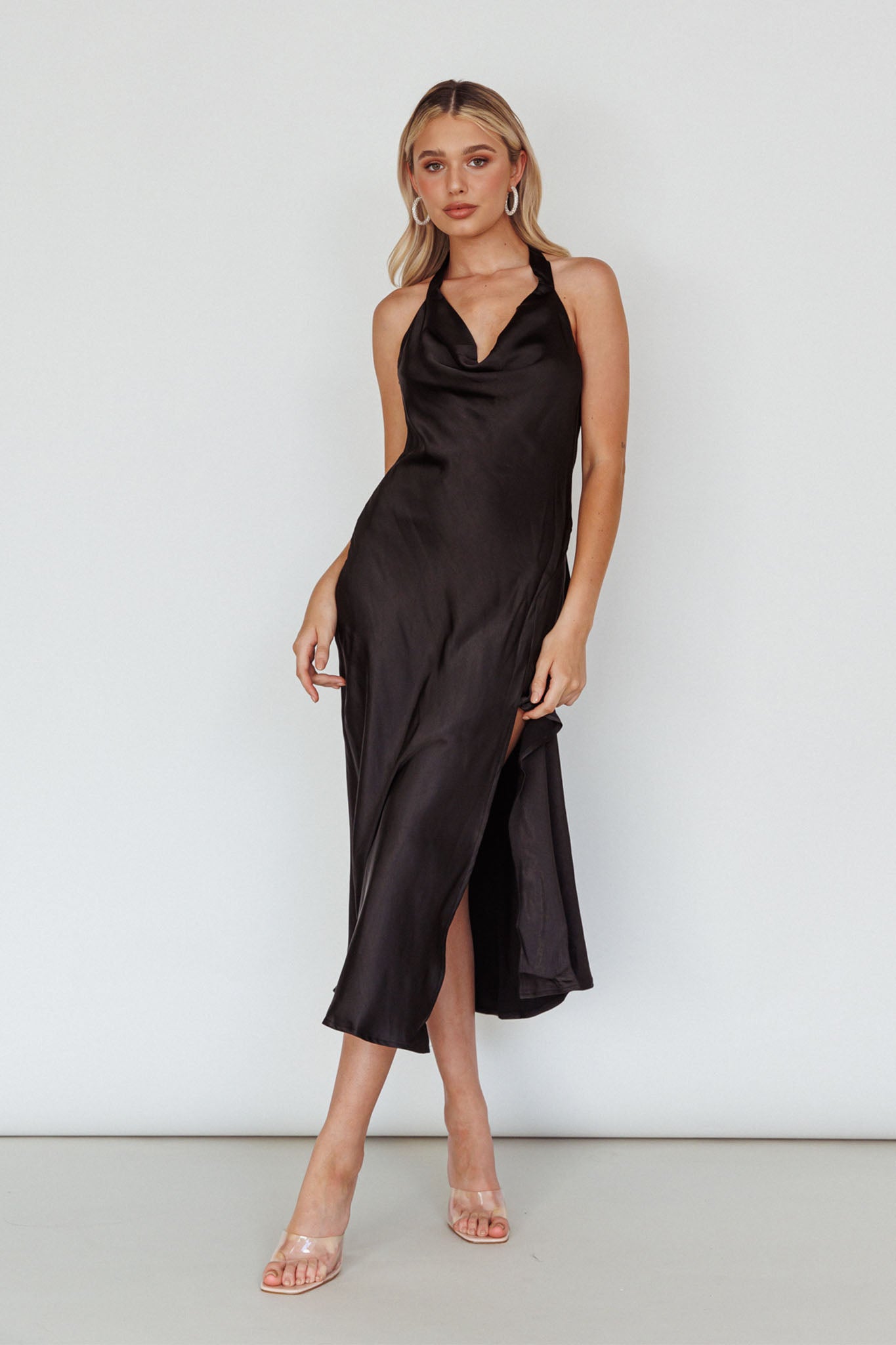 Shop the Champagne Showers Halterneck Slip Midi Dress Black | Selfie Leslie