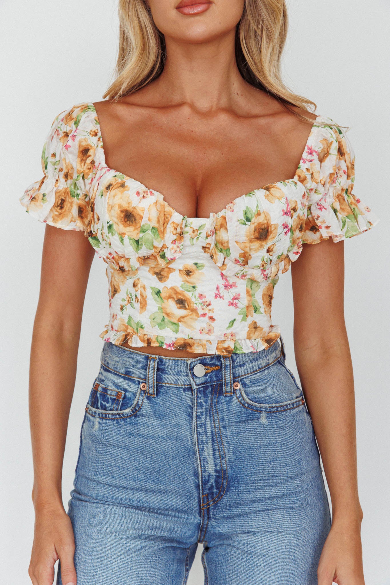 Shop the Besito Puff Sleeve Crop Top Floral White/Yellow | Selfie