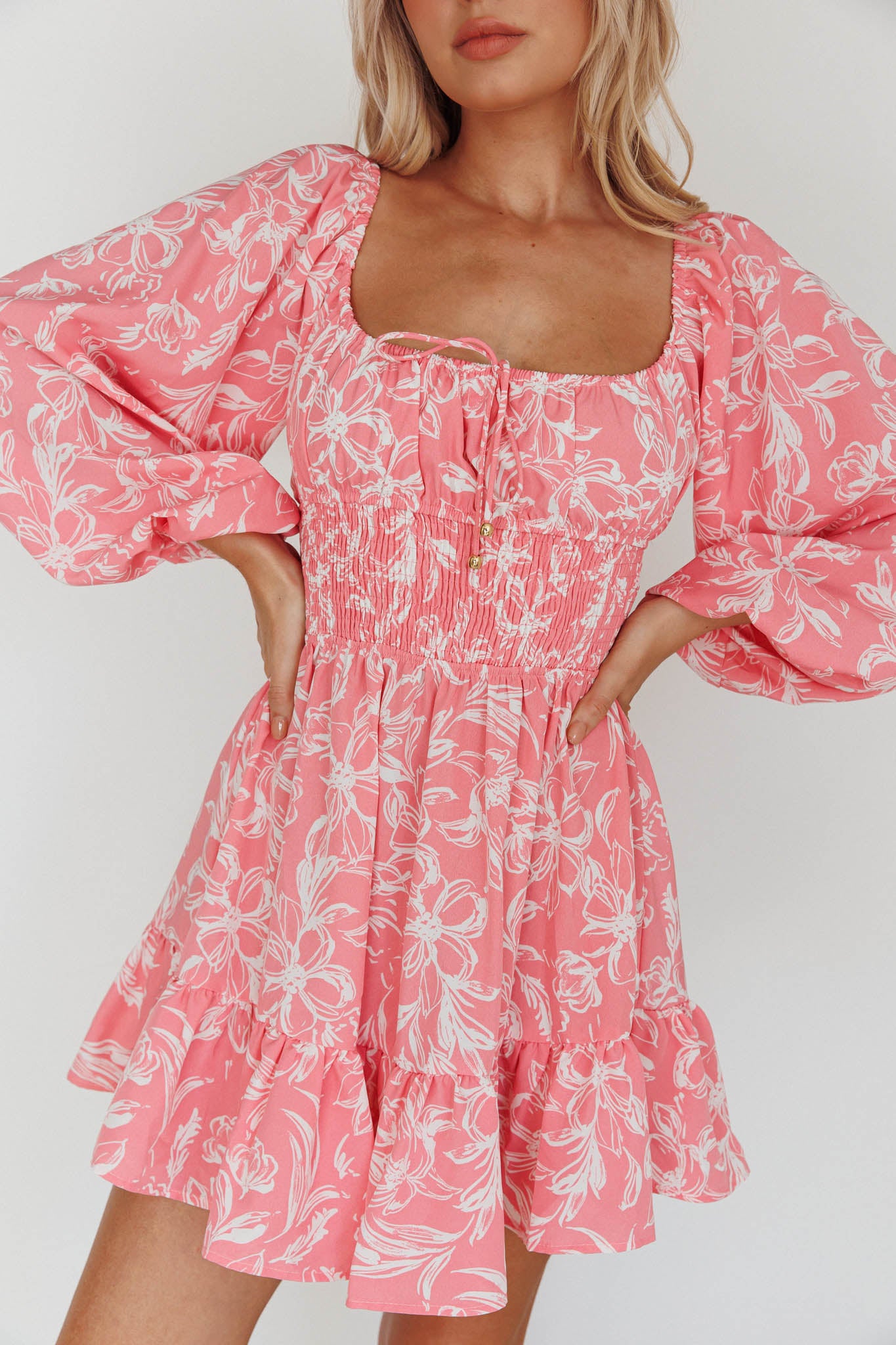 Shop the Amilie Shirred Long Sleeve Dress Floral Pink