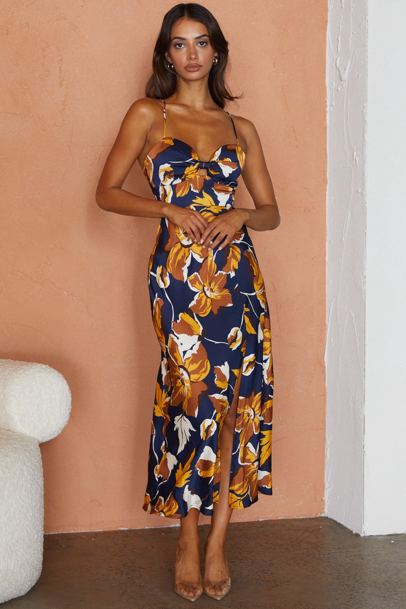 Shop the Missoula Cami Strap Padded Bust Midi Dress Floral Print Navy