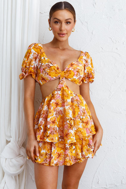 Shop the Orianthi Cut-Out Waist Mini Dress Floral Yellow | Selfie Leslie