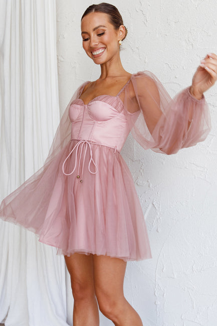 Shop the Fairytale Dream Sheer Sleeve Mini Dress Rose | Selfie Leslie