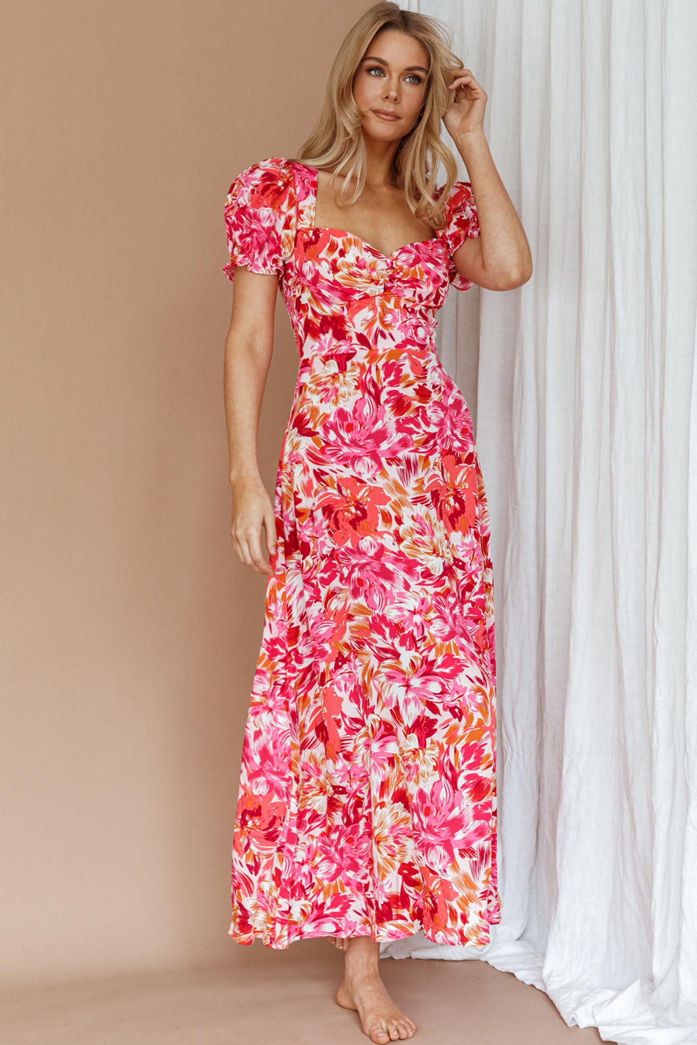 Shop the Montebello Puff Sleeve Maxi Dress Floral Pink/Orange | Selfie ...