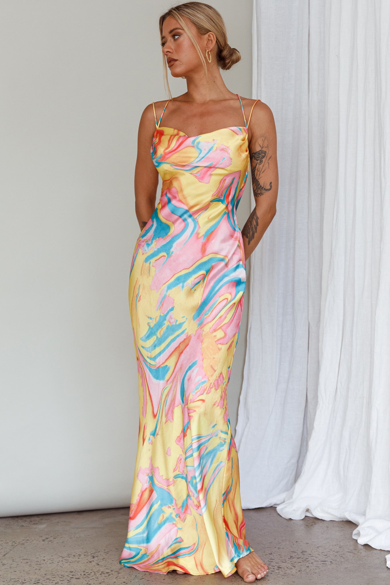 Shop the Moment With You Ruched Bust Midi Dress Swirl Yellow/Green ...