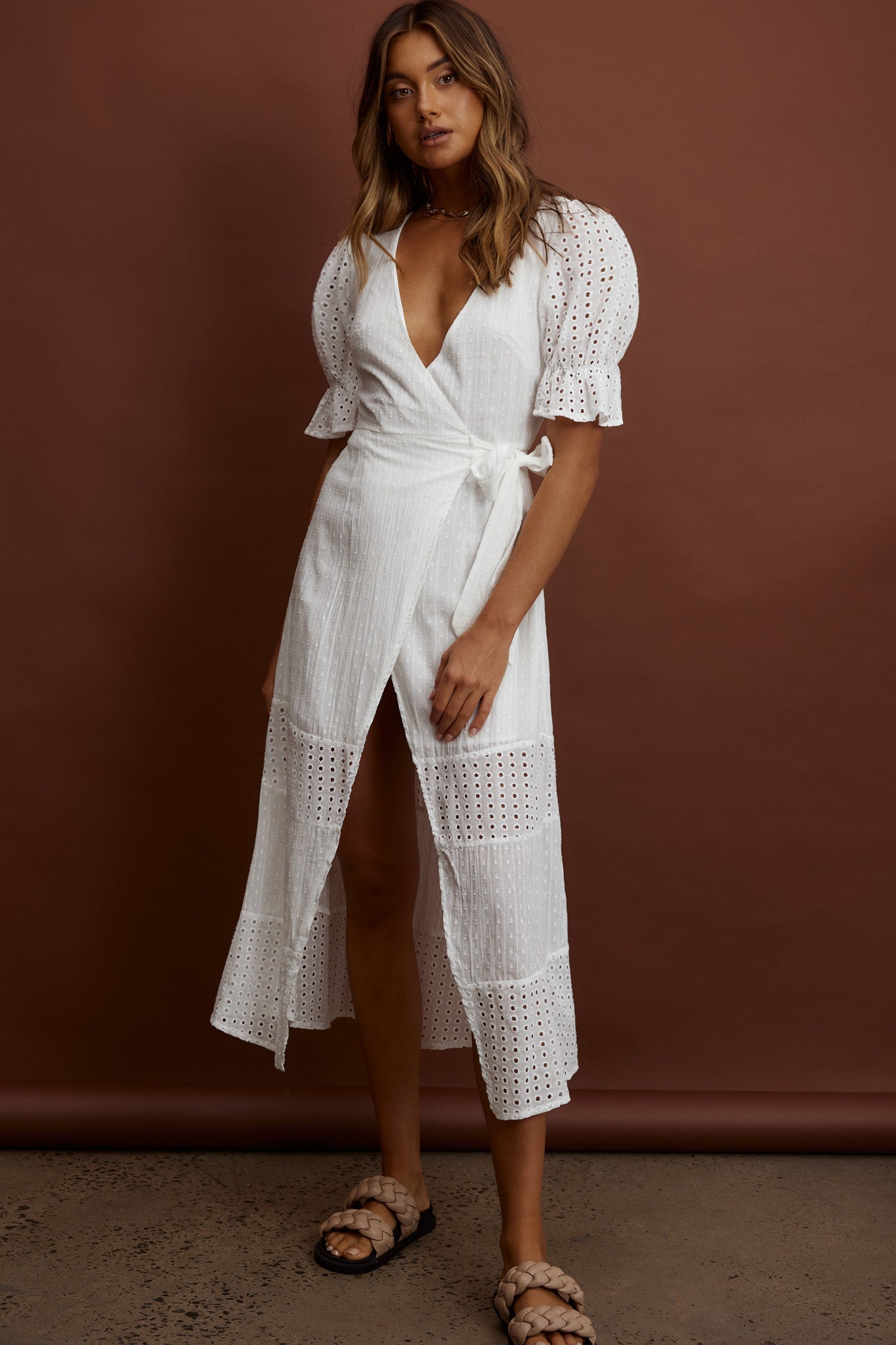 Shop the Arlington Eyelet Detail Wrap Midi Dress White | Selfie Leslie