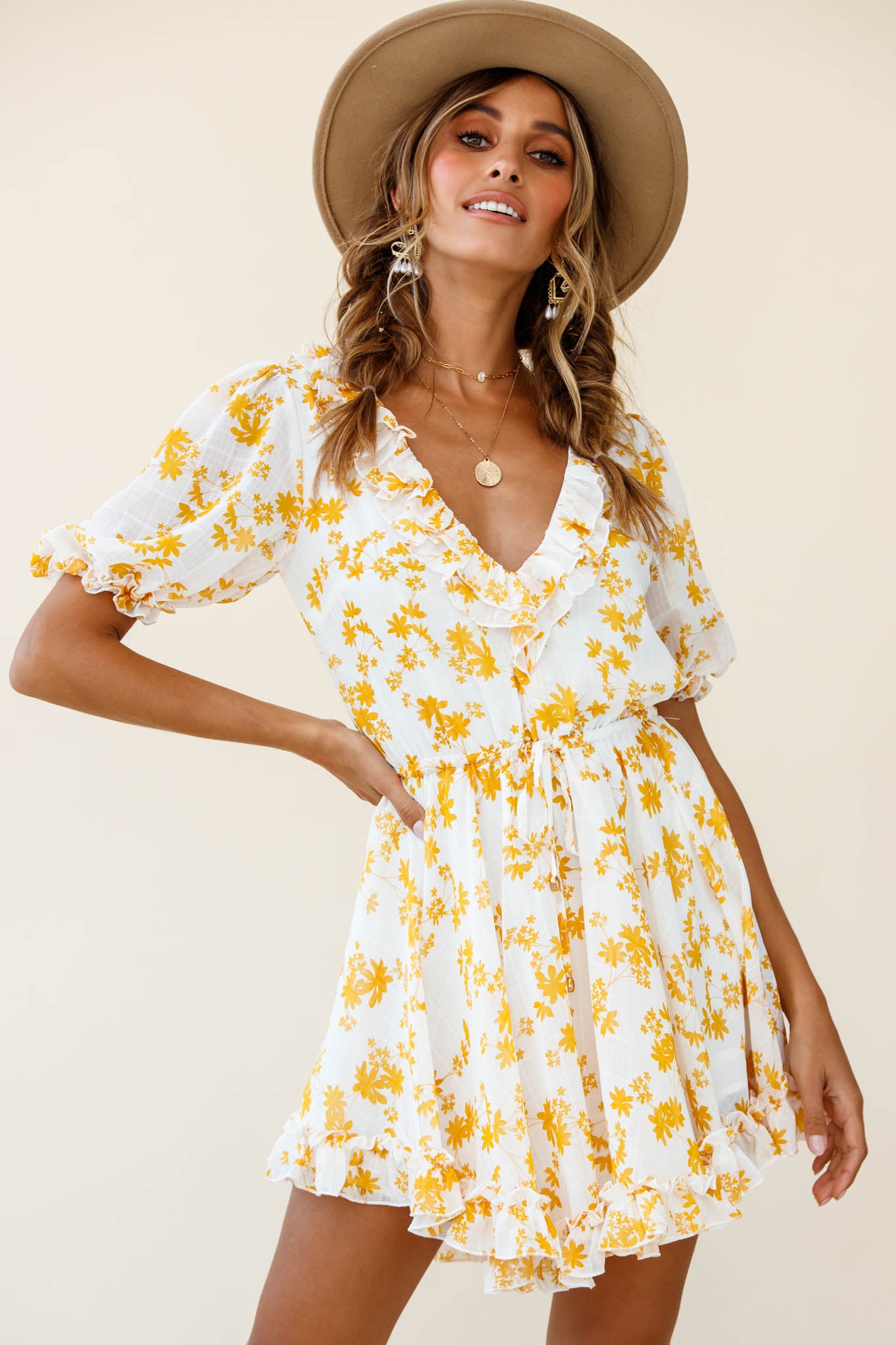 Shop The Brianna Puff Sleeve Drawstring Waist Dress Floral Print Yellow 