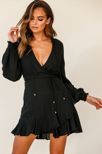 Shop the Santorini Long Sleeve String Tie Dress Black | Selfie Leslie