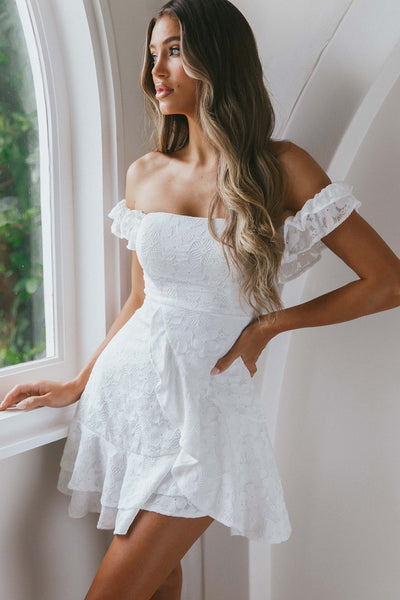 White off the shoulder ruffle dress sales
