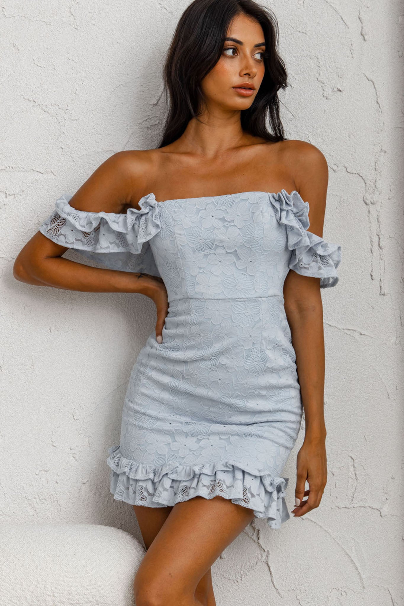 Shop the | Verona Mini Off-Shoulder Overlay Leslie Lace Selfie Dress Blue