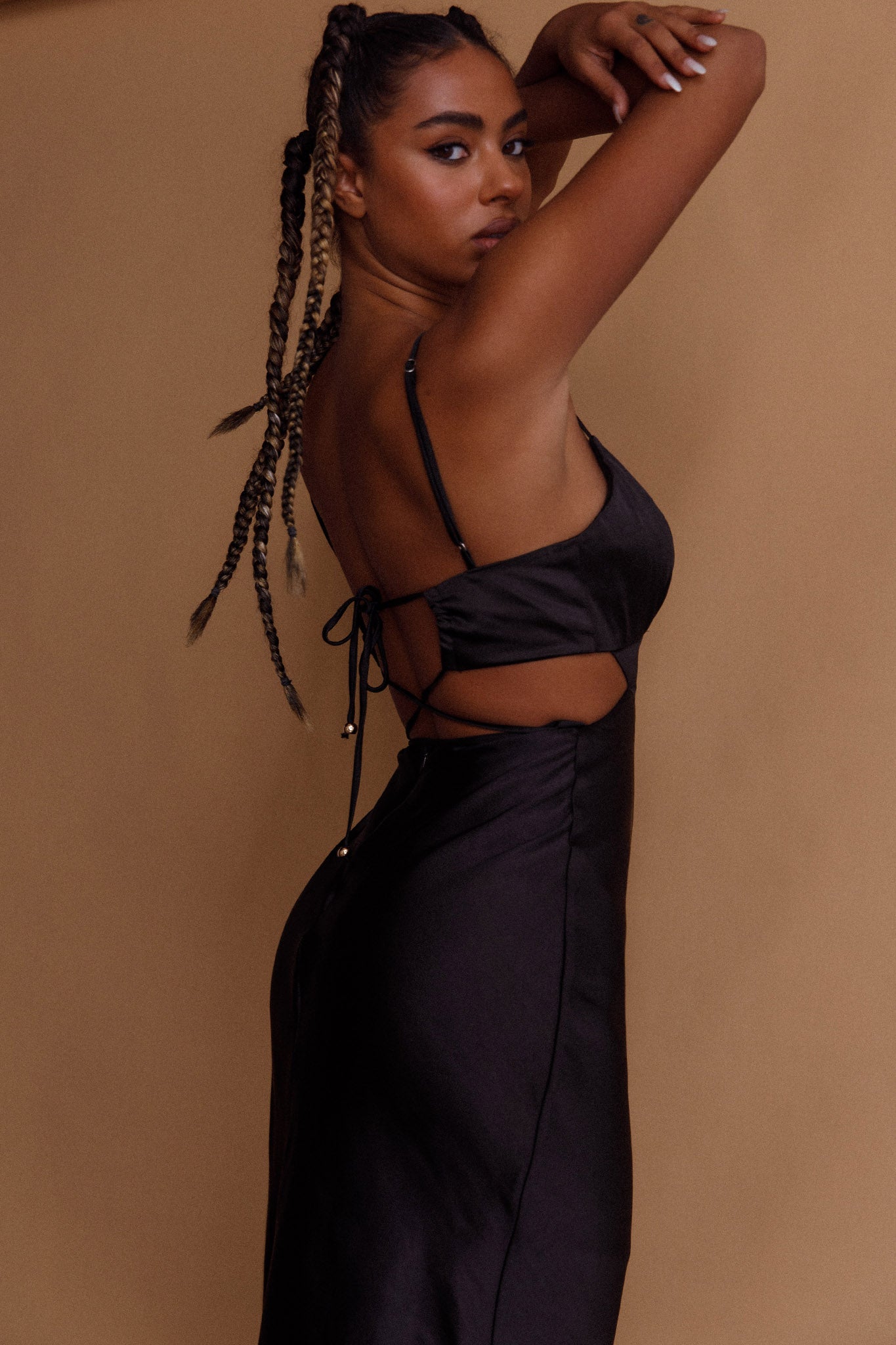 Shop the City Lights Cut Out Waist Strappy Back Midi Dress Black Selfie Leslie