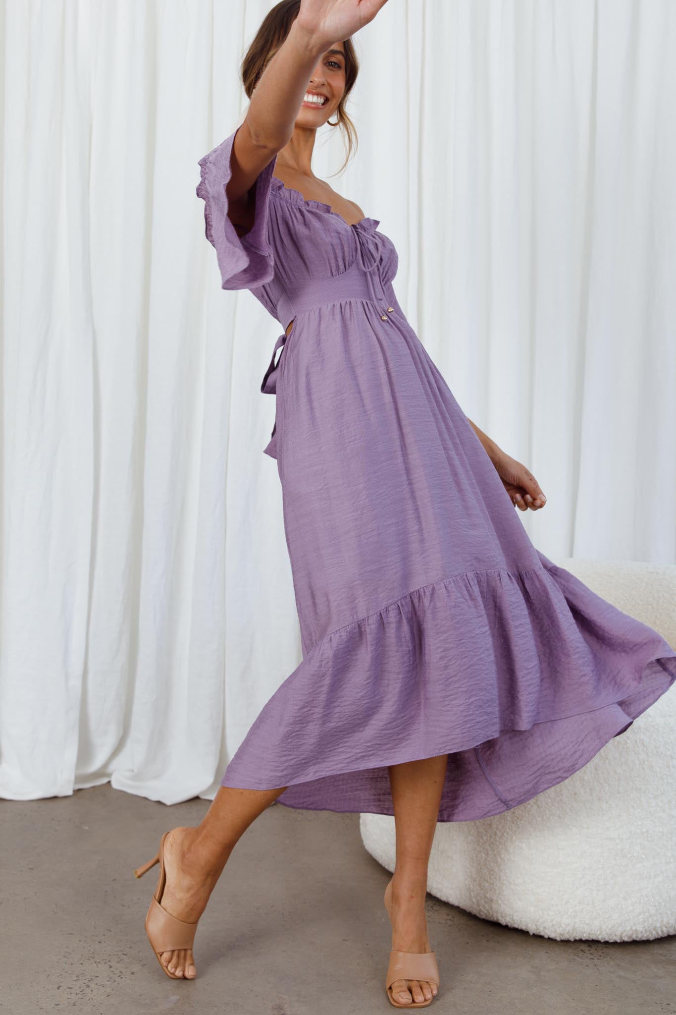 Shop the Dandelion Off-Shoulder Tied Back Midi Dress Purple | Selfie Leslie