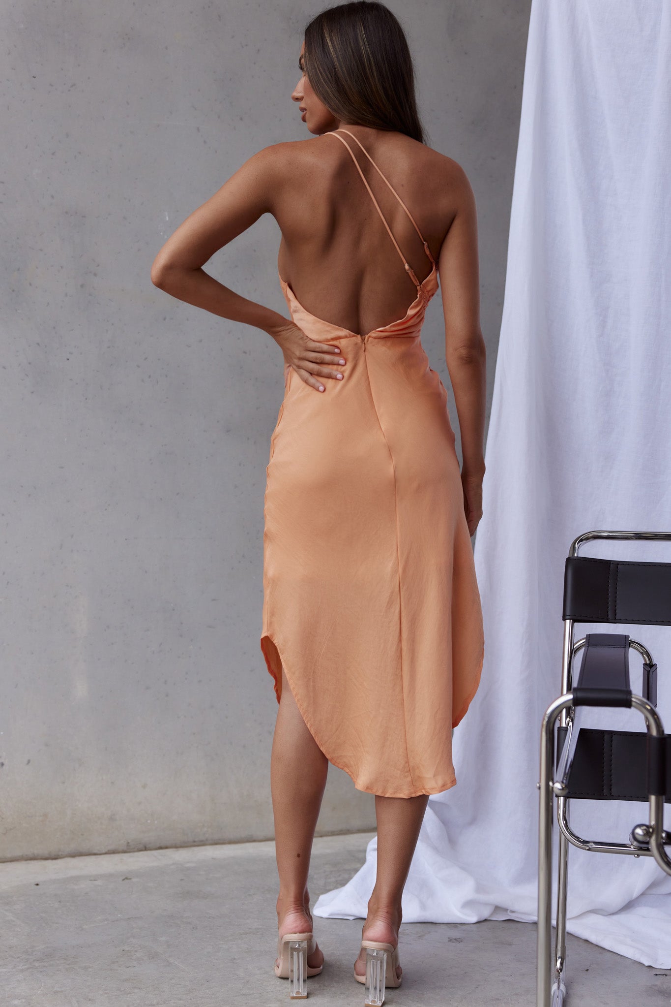 Shop the Casa Del Mar One-Shoulder Ruched Midi Dress Tangerine 