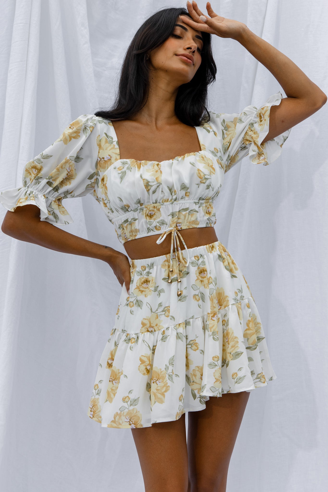 Shop the Lilibet Flounce Mini Skirt Floral White | Selfie Leslie