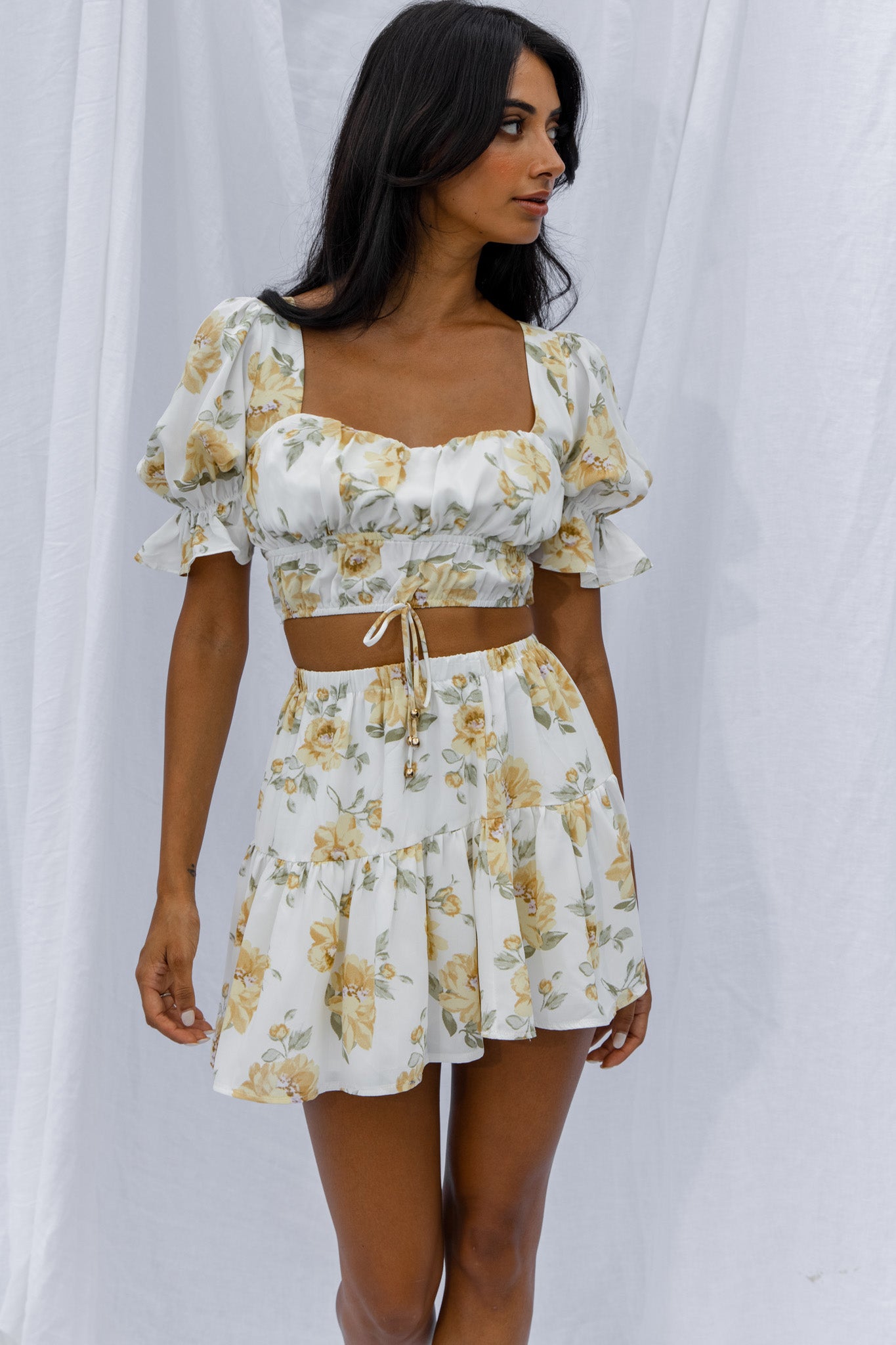 Shop the Lilibet Flounce Mini Skirt Floral White | Selfie Leslie