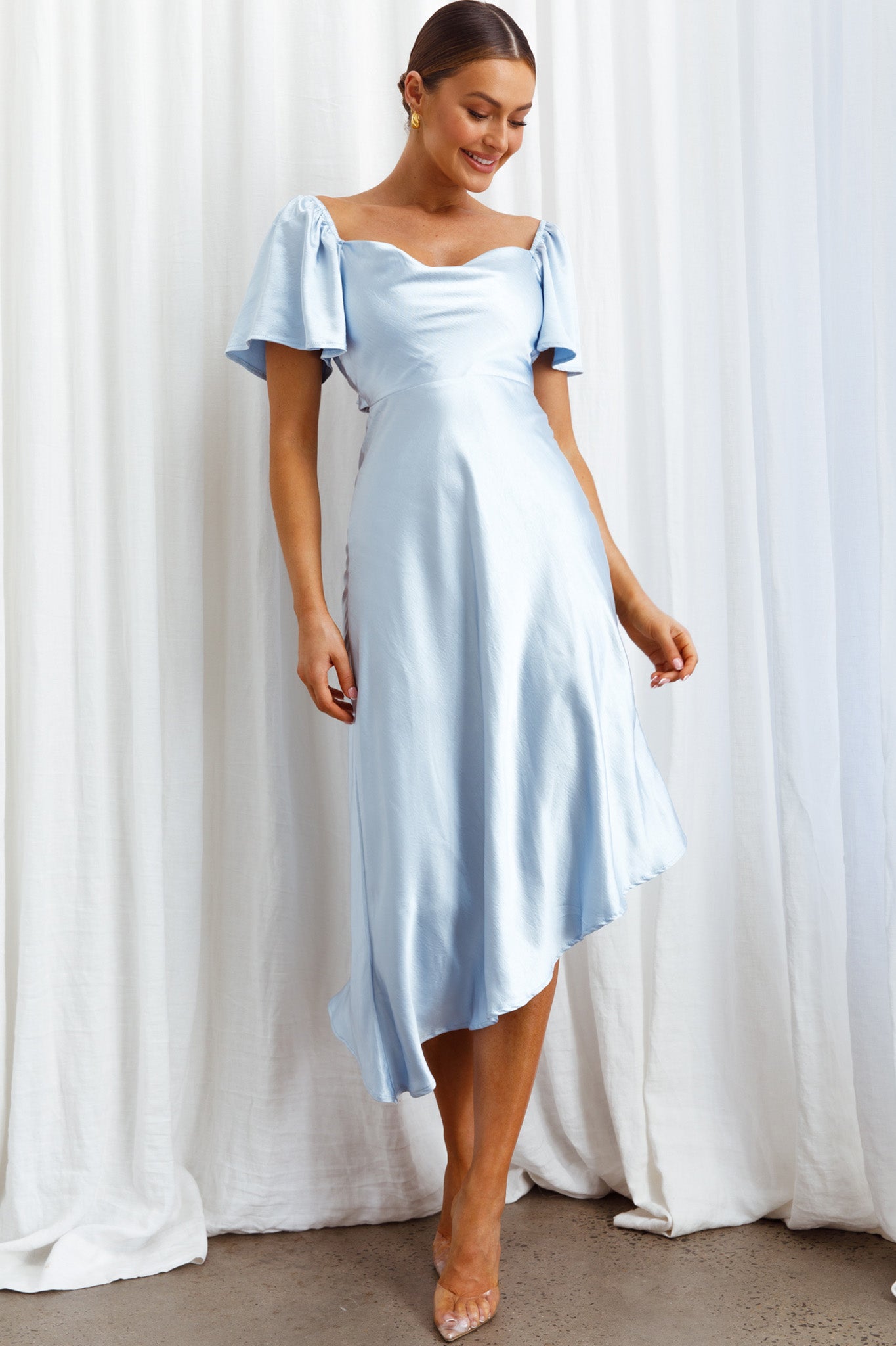 Shop the Grayson Tied Back Asymmetrical Midi Dress Steel Blue | Selfie ...