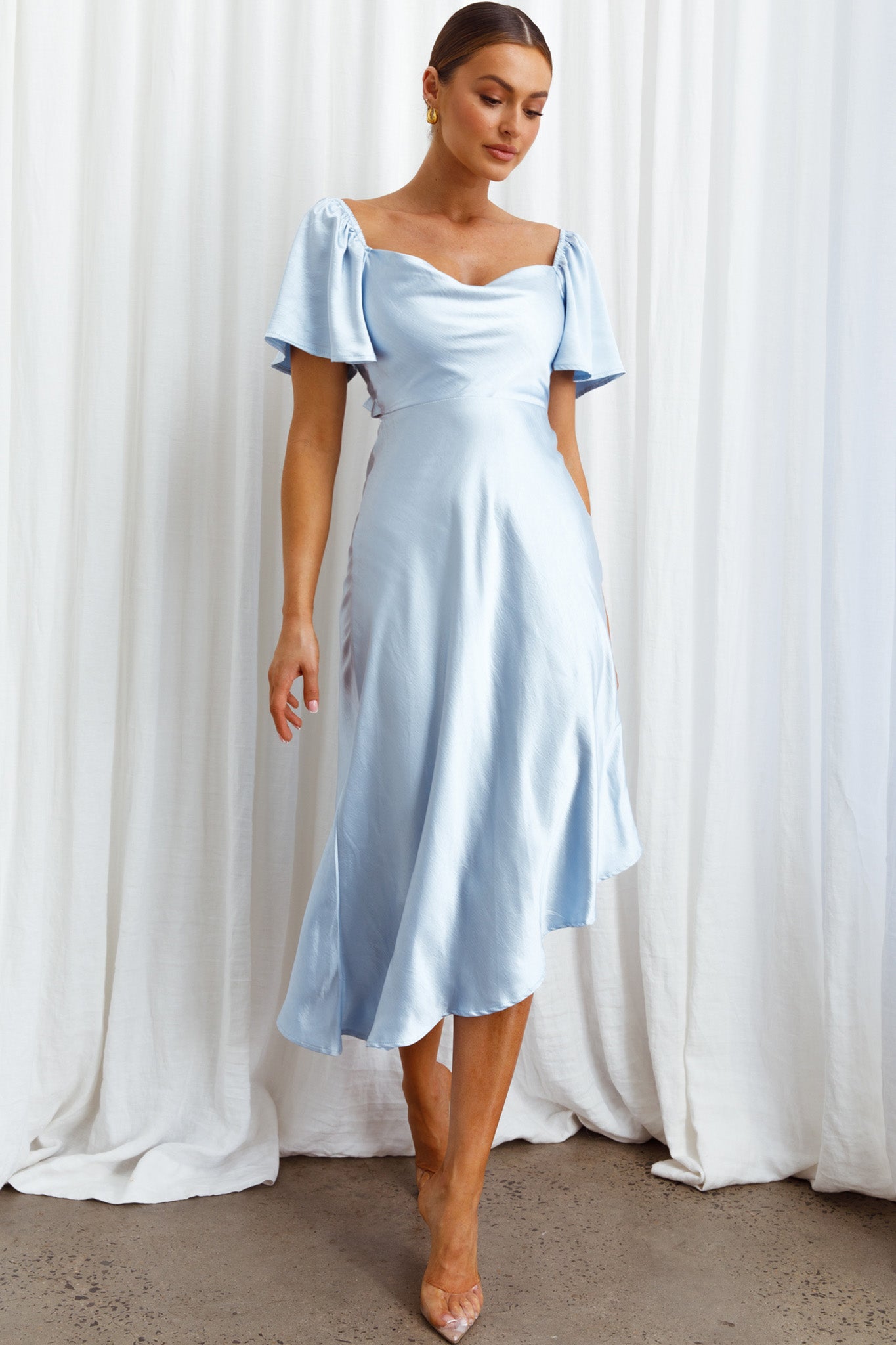 Shop the Grayson Tied Back Asymmetrical Midi Dress Steel Blue | Selfie ...