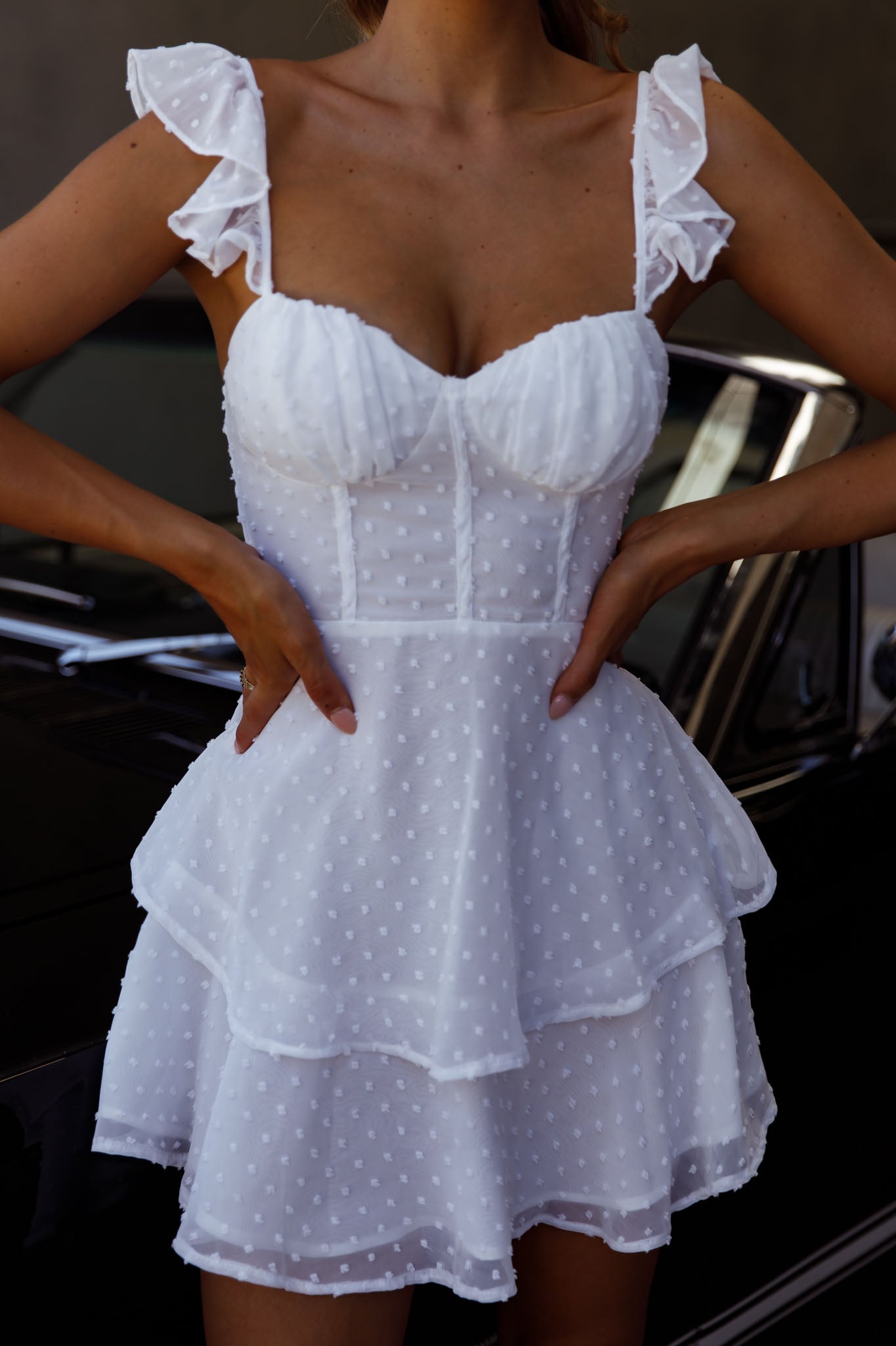 Meli Sweetheart Neckline Cap Sleeve Mini Dress in White