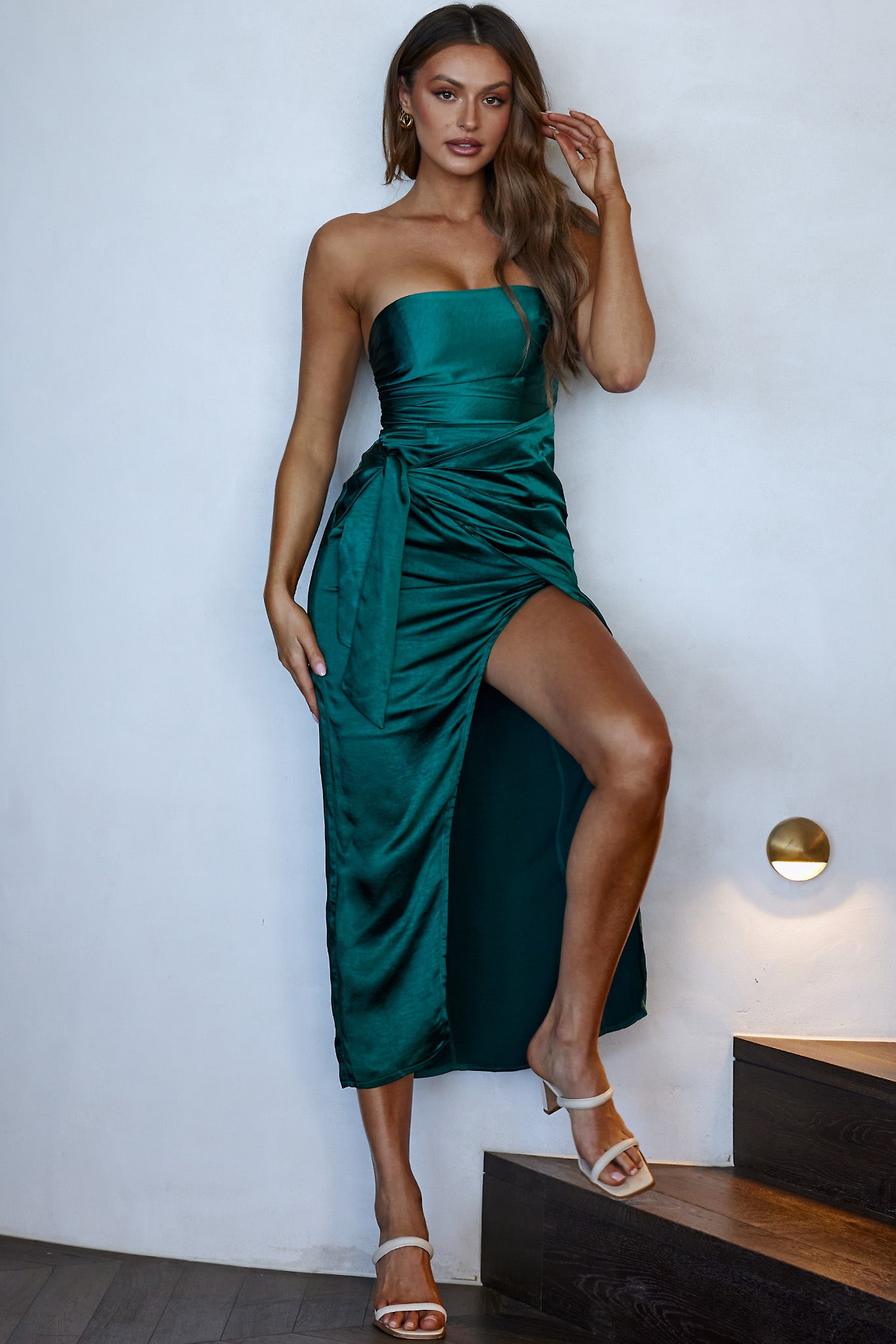 Shop the Gianna Strapless Waist Tie Midi Dress Forest Green | Selfie Leslie