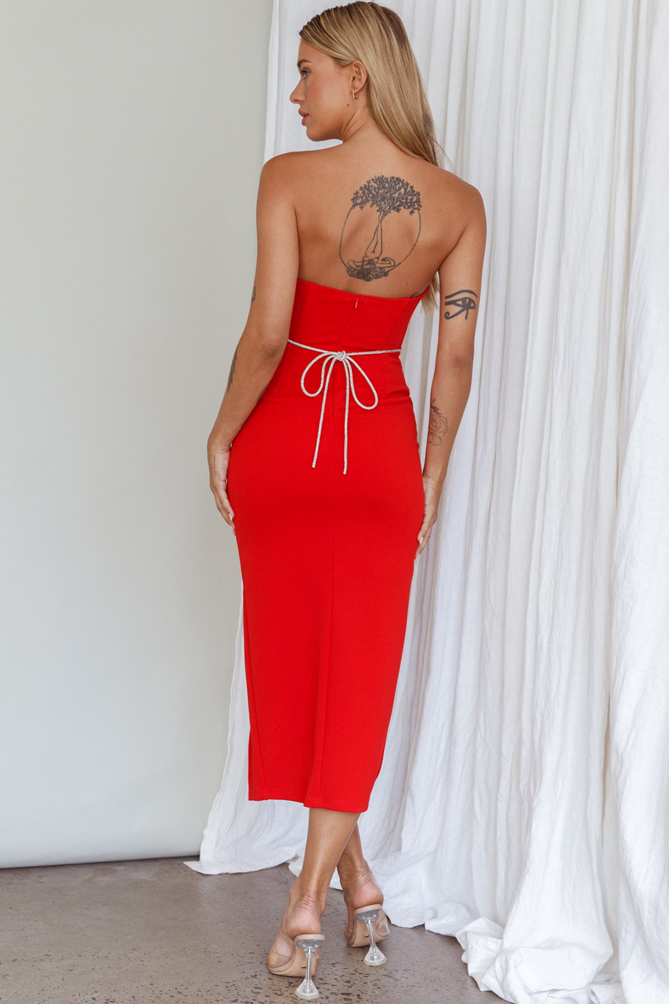 Shop the Nohemi Strapless Diamante Midi Dress Red | Selfie Leslie