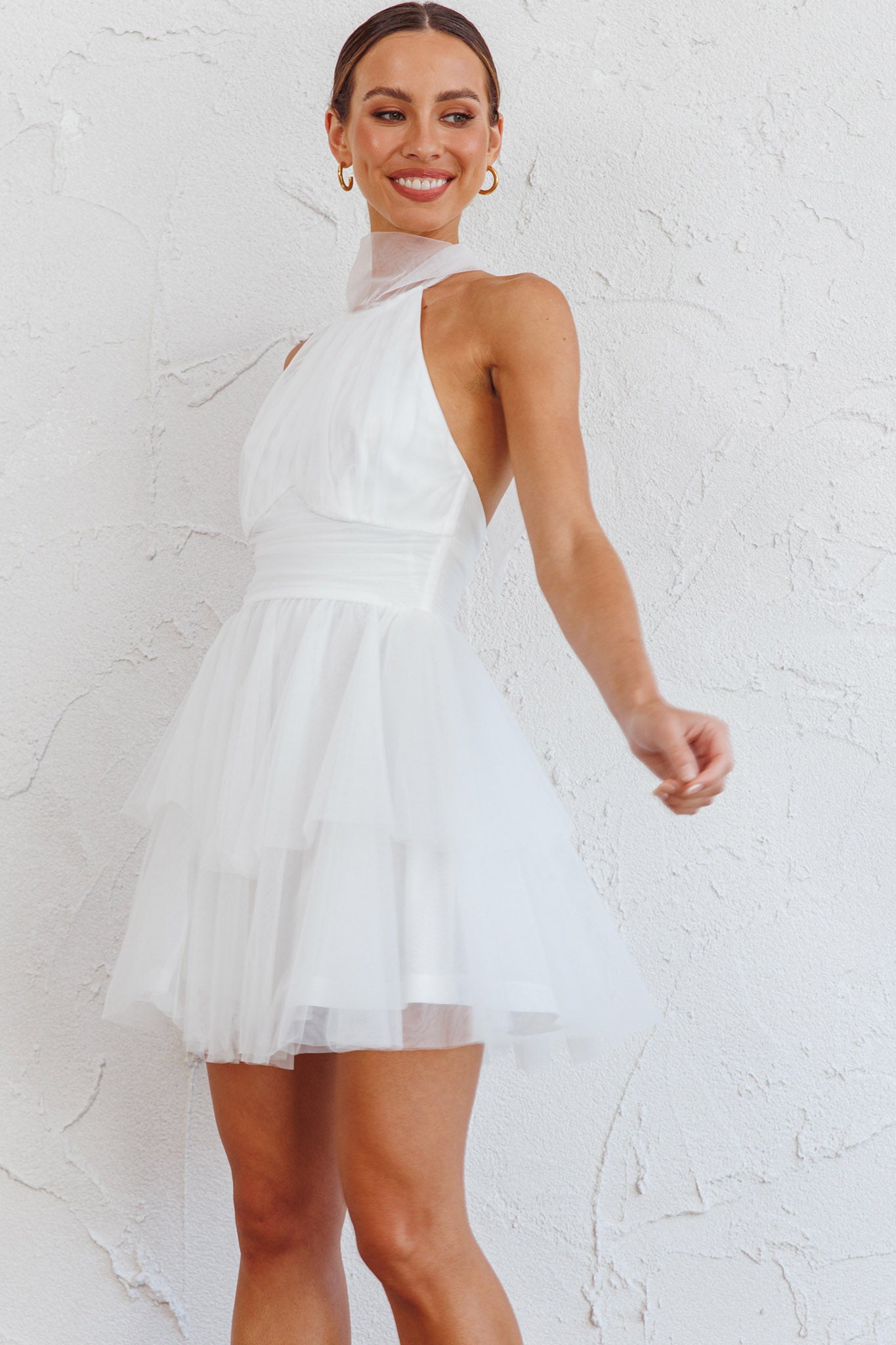 White Halter Neck Mini Dress, Cold Shoulder High Neck Jersey Dress