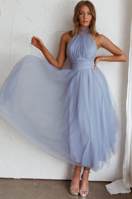 Shop the Andria Halterneck Tulle Midi Dress Blue | Selfie Leslie