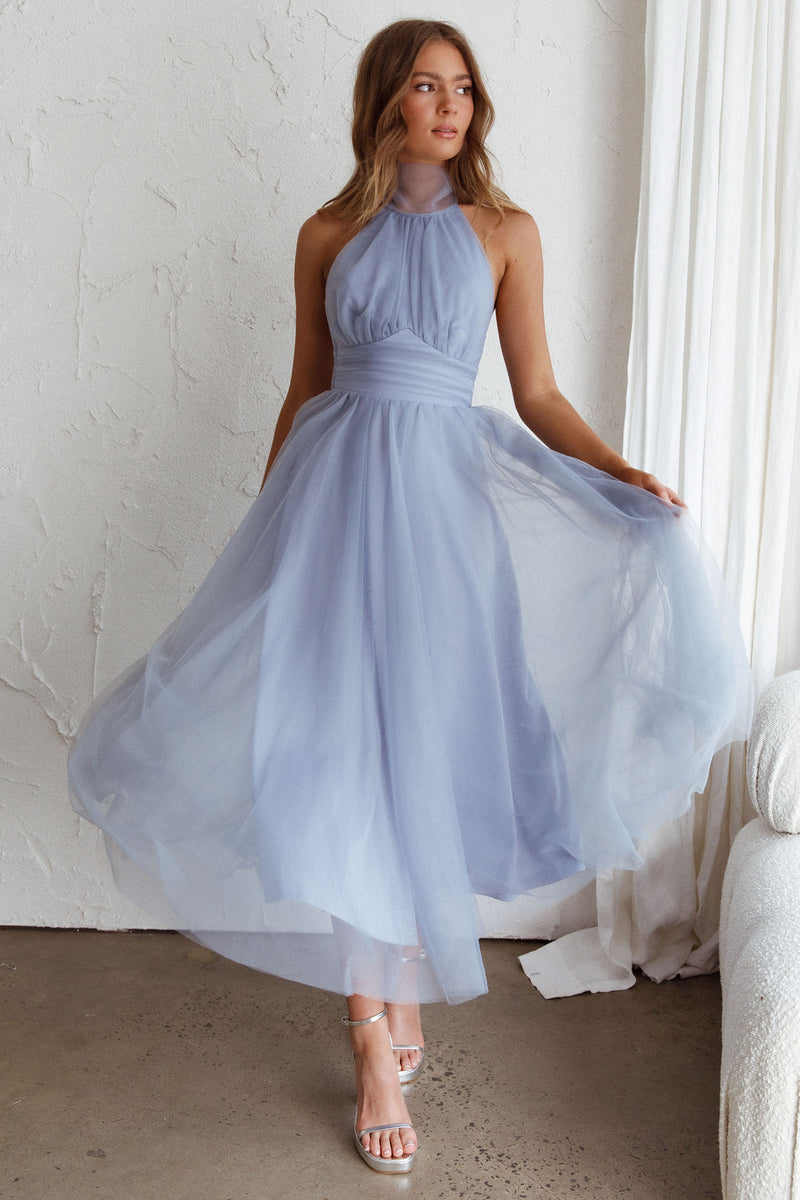 Shop the Andria Halterneck Tulle Midi Dress Blue | Selfie Leslie