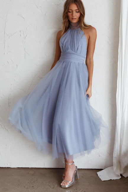 Shop the Andria Halterneck Tulle Midi Dress Blue | Selfie Leslie