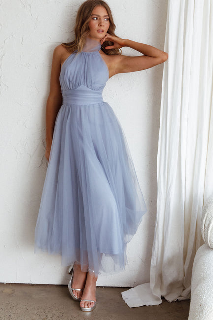 Shop the Andria Halterneck Tulle Midi Dress Blue | Selfie Leslie