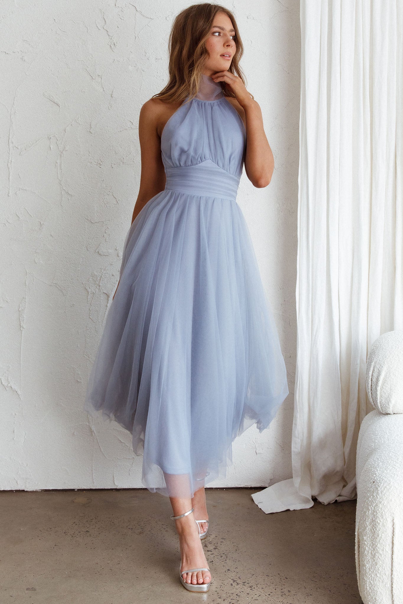 Shop the Andria Halterneck Tulle Midi Dress Blue | Selfie Leslie