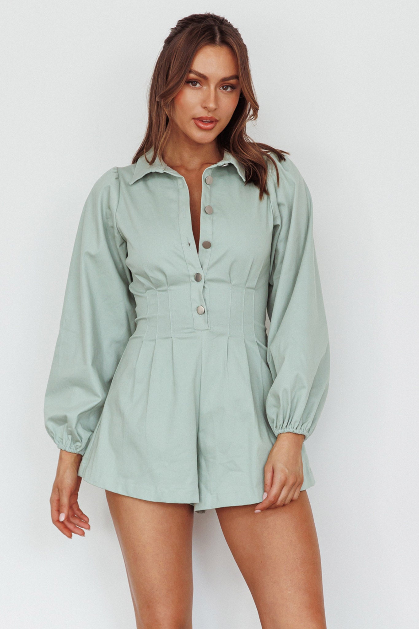 long-sleeved pleat-detail playsuit