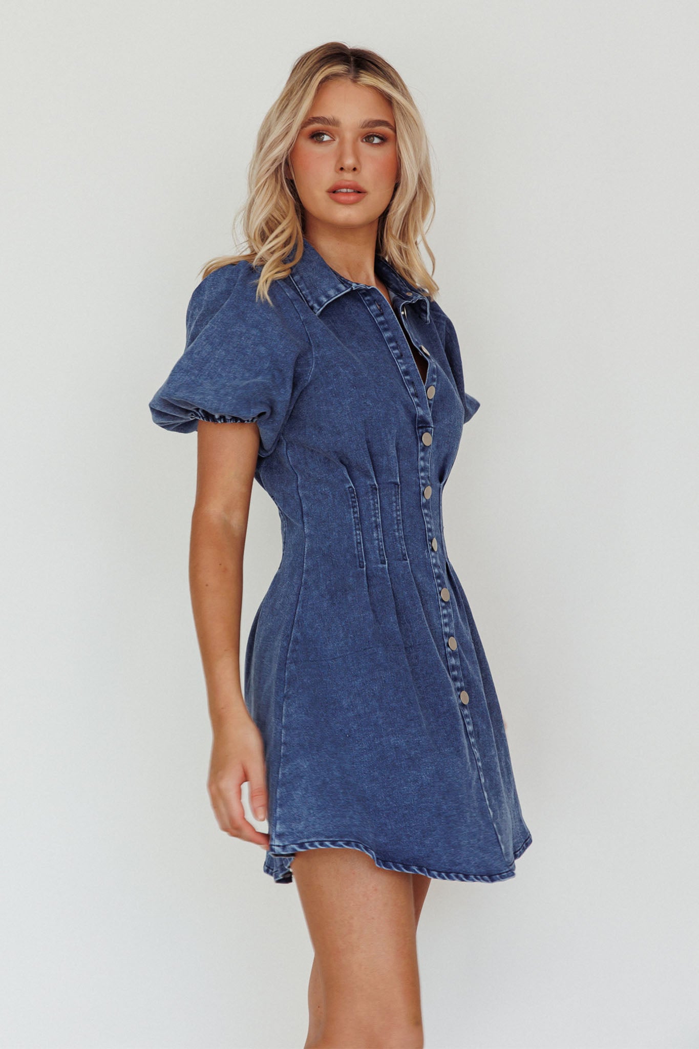 Shop the Zurich Pleated Waist Shirt Dress Dark Blue Selfie Leslie