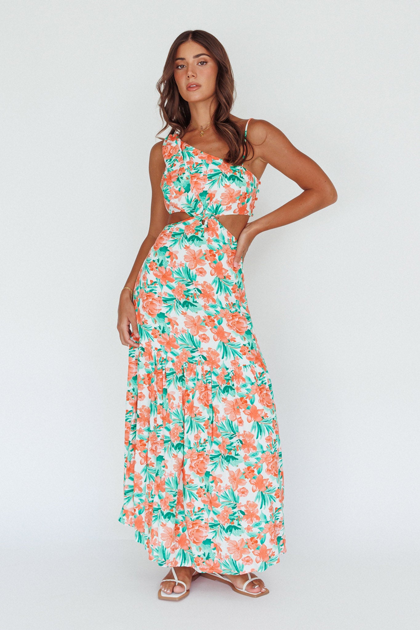 Shop the Evening Breeze Cut-Out Waist Maxi Dress Floral Orange | Selfie ...