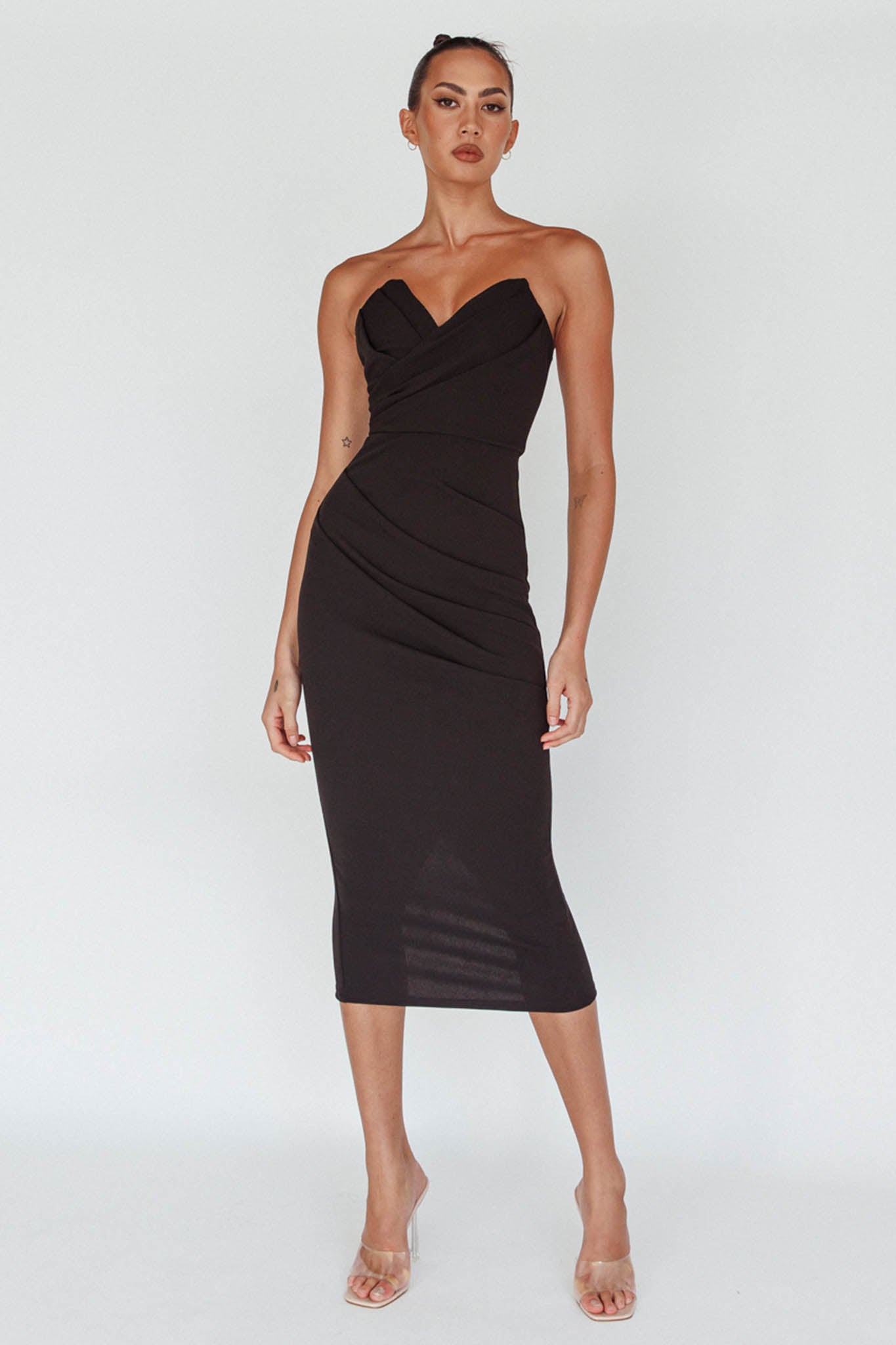 Shop the Yours Alone Gathered Detail Midi Dress Black | Selfie Leslie