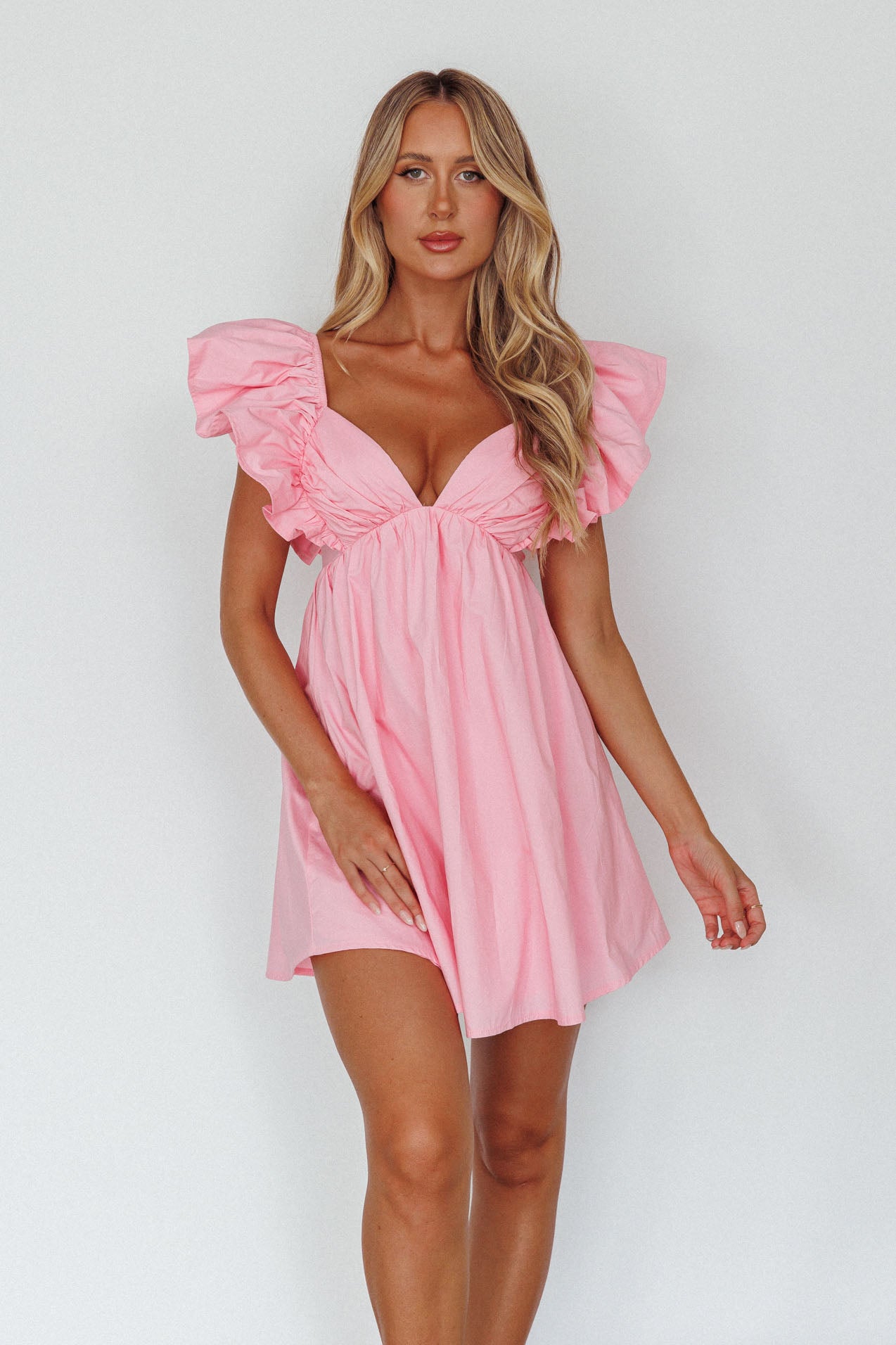 Pink Mini Shift Dress - Swing Babydoll Mini Dress - Dot Ruffled