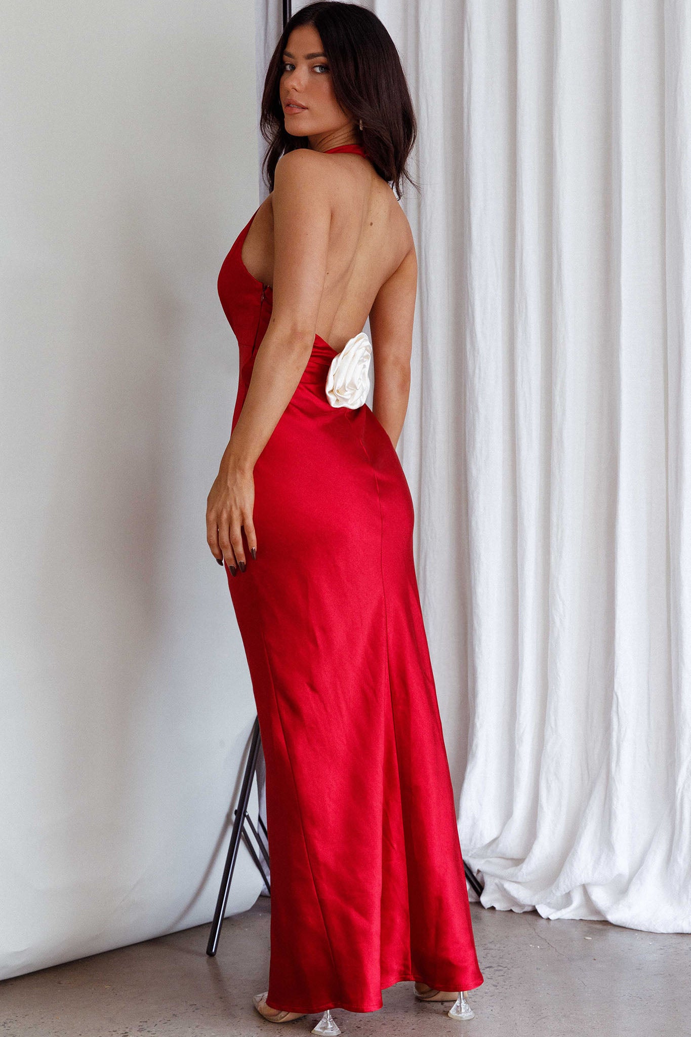 Azalea Fit & Flare Halter Dress Size M Red Eyelet Plunge Neck Buit in Bra  Lined